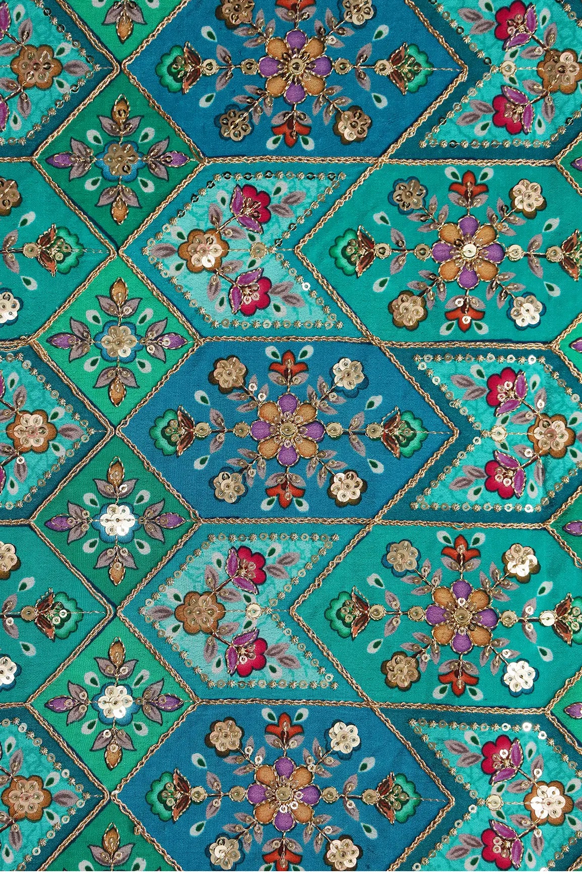 AIzaSyBcstauz-XMPRhEY21AUzeo032pxrXB5Ug - Green And Rama Traditional Positional Print With Gold Zari And Sequins Embroidery On Crepe Fabric