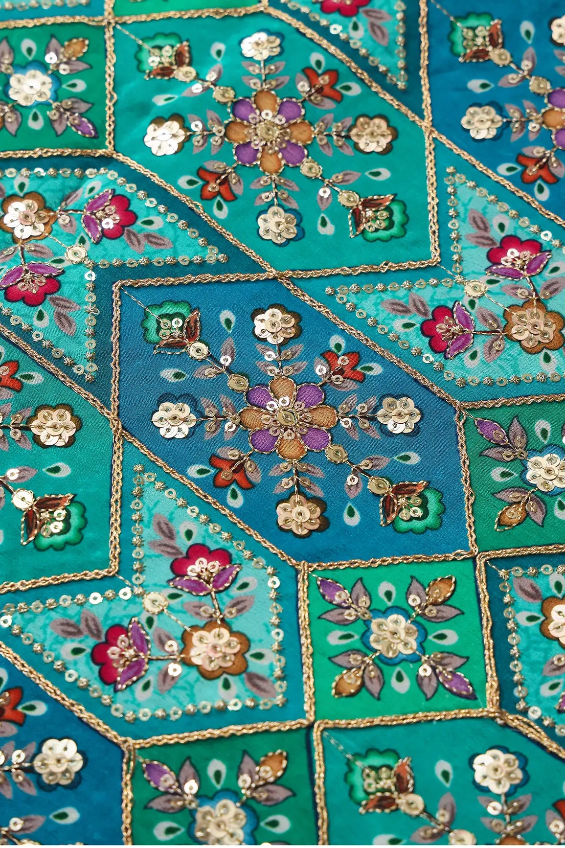 AIzaSyBcstauz-XMPRhEY21AUzeo032pxrXB5Ug - Green And Rama Traditional Positional Print With Gold Zari And Sequins Embroidery On Crepe Fabric