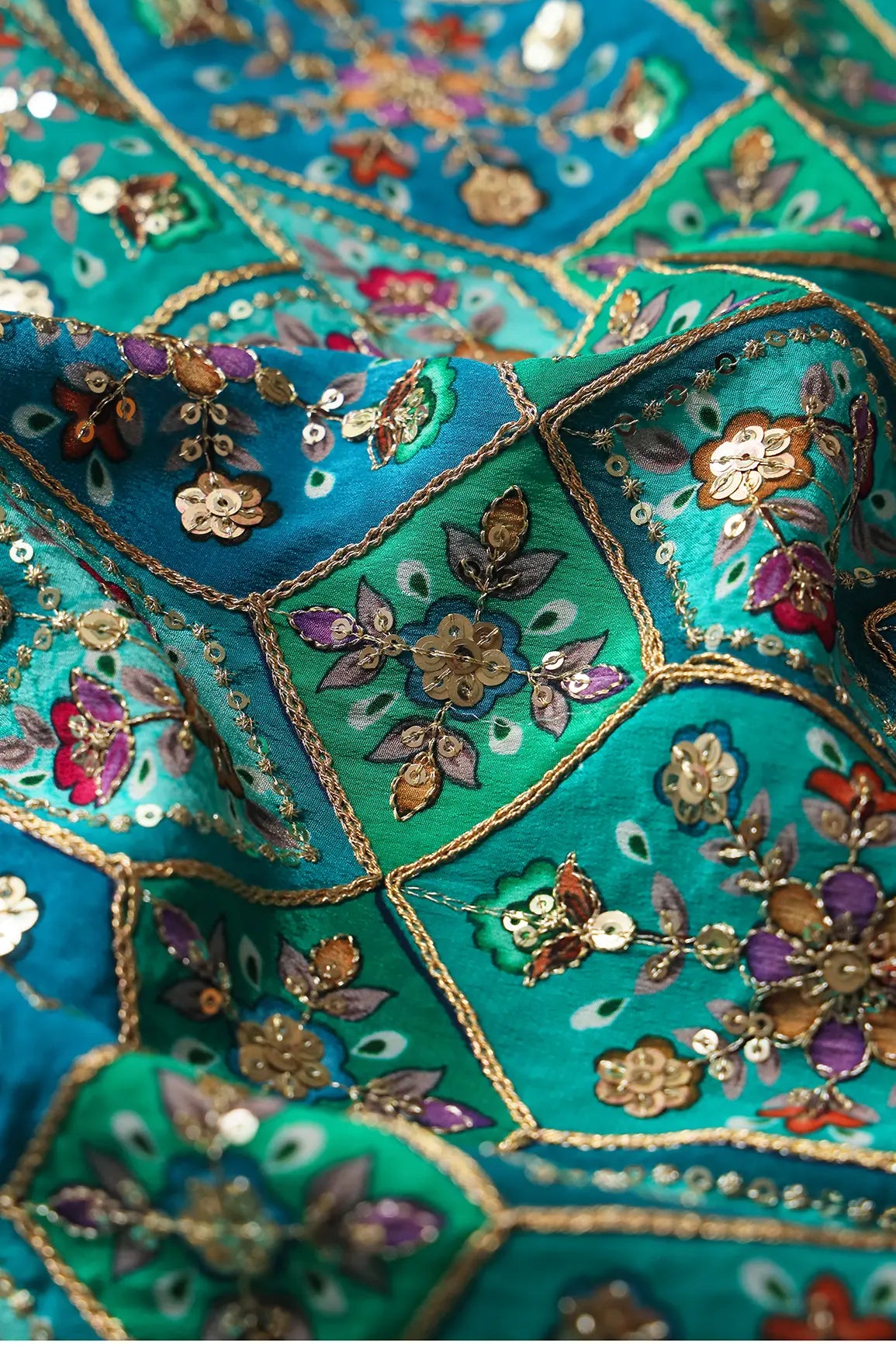 AIzaSyBcstauz-XMPRhEY21AUzeo032pxrXB5Ug - Green And Rama Traditional Positional Print With Gold Zari And Sequins Embroidery On Crepe Fabric