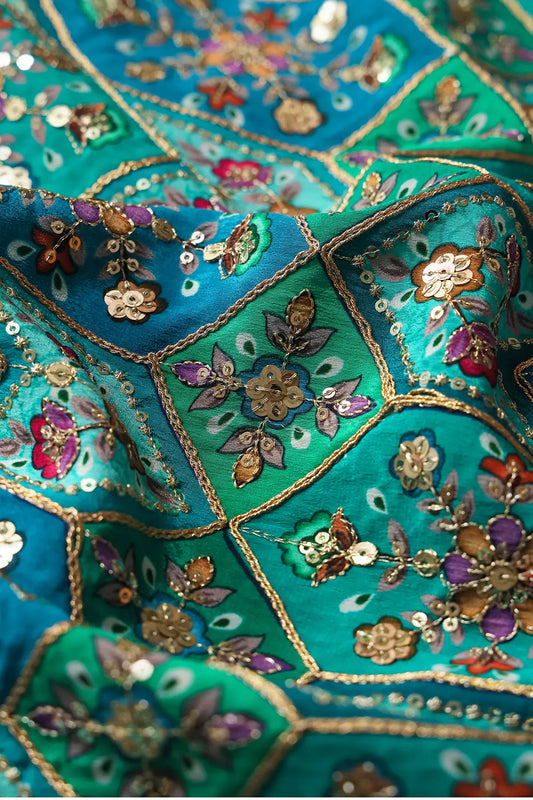 AIzaSyBcstauz-XMPRhEY21AUzeo032pxrXB5Ug - Green And Rama Traditional Positional Print With Gold Zari And Sequins Embroidery On Crepe Fabric