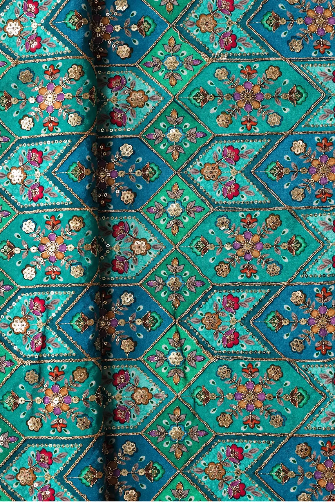 AIzaSyBcstauz-XMPRhEY21AUzeo032pxrXB5Ug - Green And Rama Traditional Positional Print With Gold Zari And Sequins Embroidery On Crepe Fabric