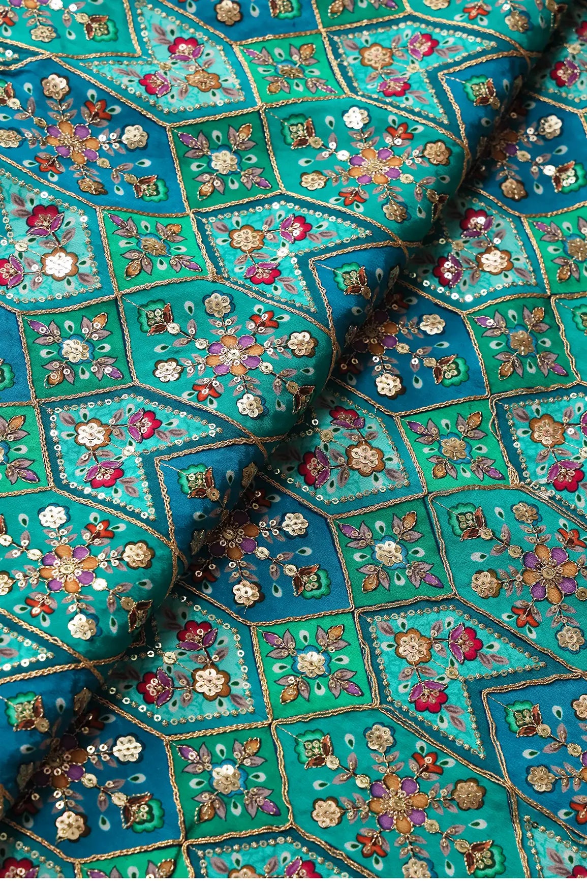 AIzaSyBcstauz-XMPRhEY21AUzeo032pxrXB5Ug - Green And Rama Traditional Positional Print With Gold Zari And Sequins Embroidery On Crepe Fabric