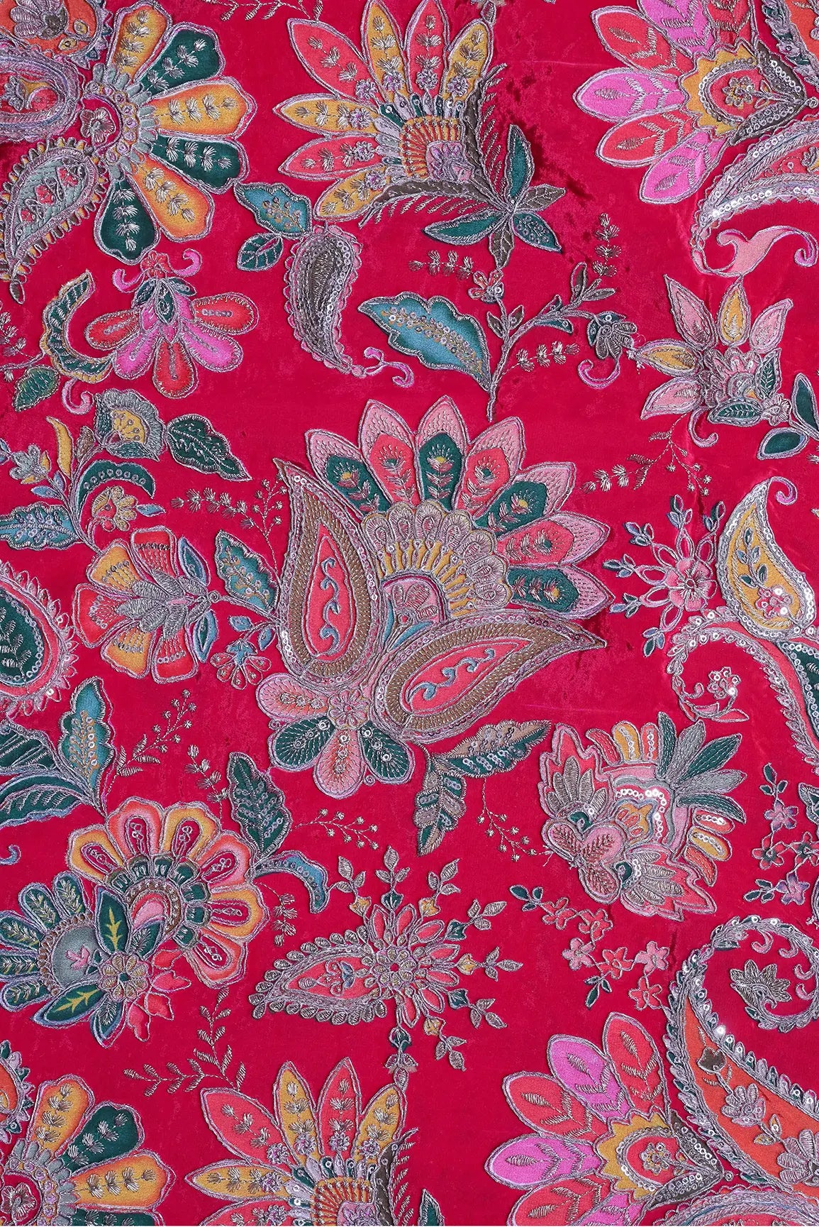 AIzaSyBcstauz-XMPRhEY21AUzeo032pxrXB5Ug - Heavy Gold Zari With Sequins Floral Embroidery On Dark Rani Crepe Fabric