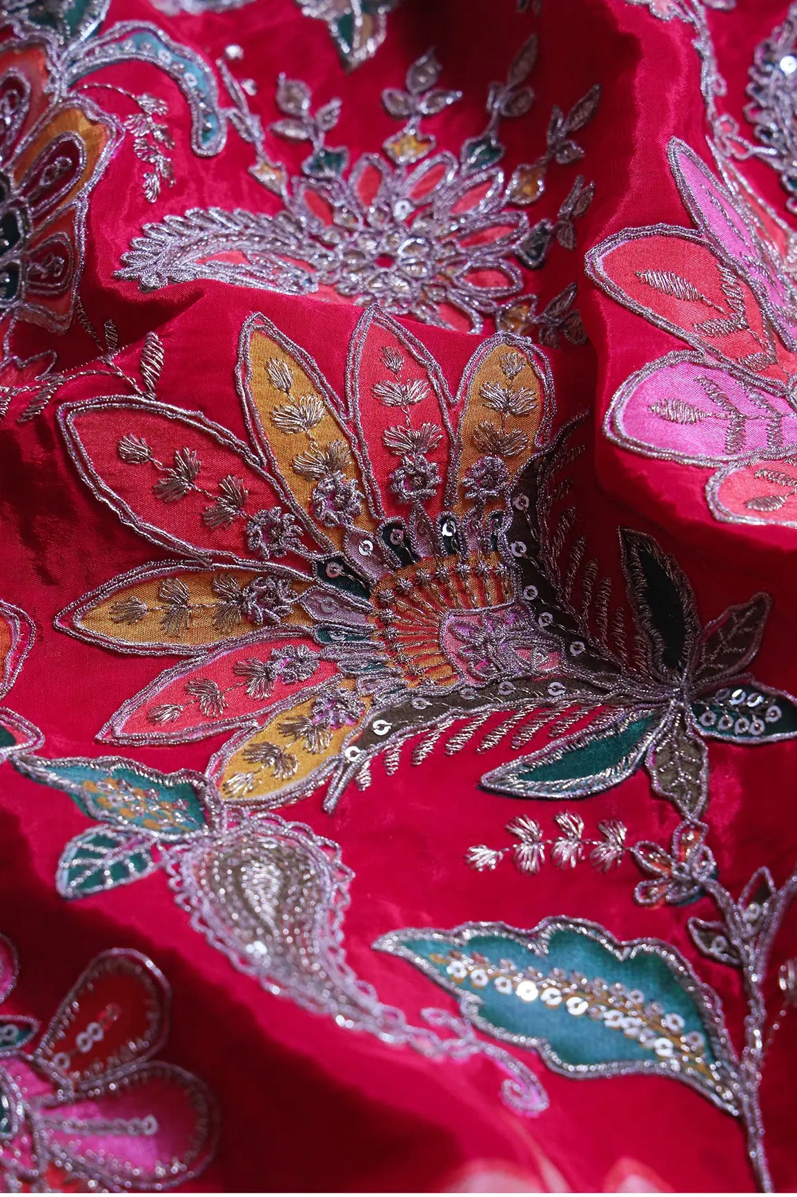 AIzaSyBcstauz-XMPRhEY21AUzeo032pxrXB5Ug - Heavy Gold Zari With Sequins Floral Embroidery On Dark Rani Crepe Fabric