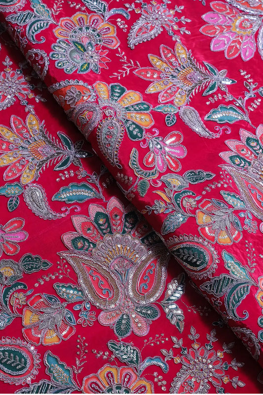 AIzaSyBcstauz-XMPRhEY21AUzeo032pxrXB5Ug - Heavy Gold Zari With Sequins Floral Embroidery On Dark Rani Crepe Fabric