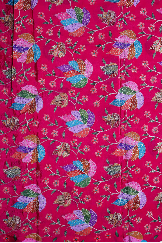 Multi Color Printed Position Leafy Print With Gold Zari And Sequins Embroidery On Dark Rani Crepe Fabric