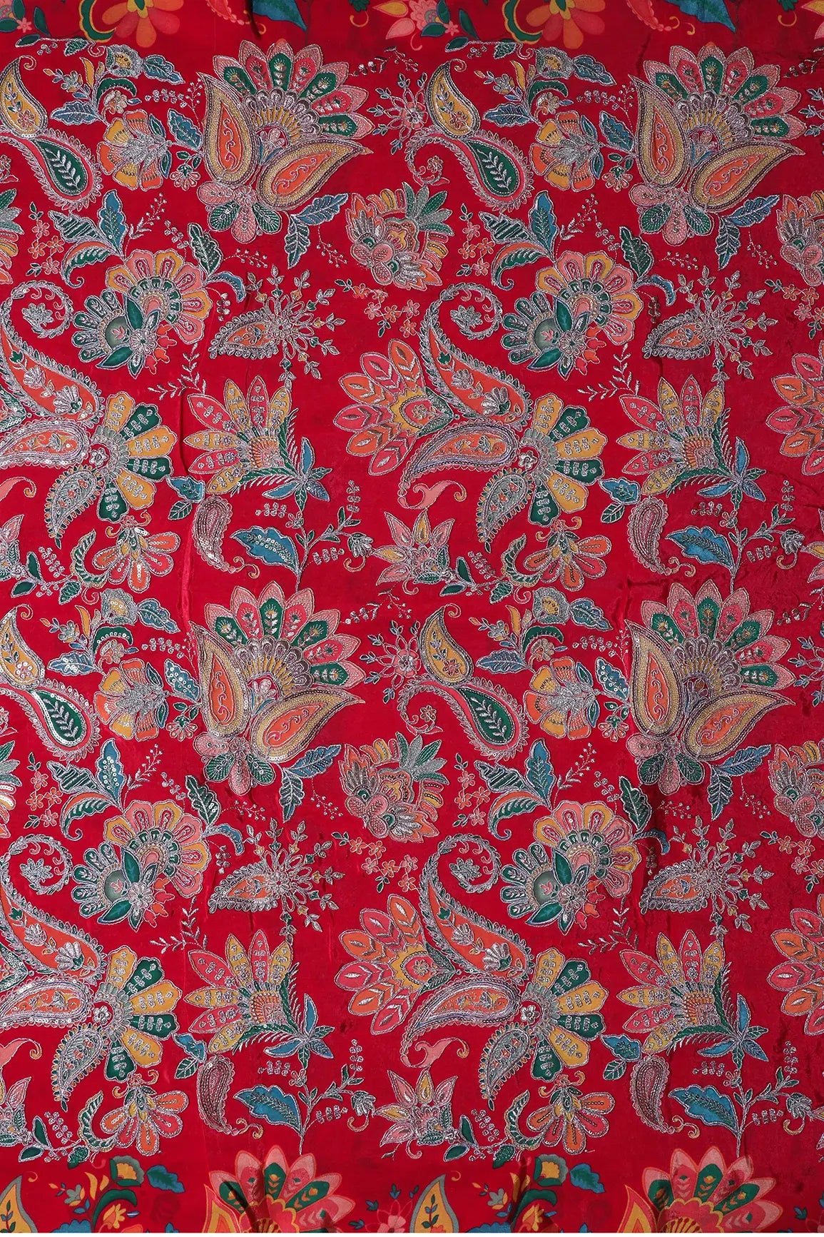 AIzaSyBcstauz-XMPRhEY21AUzeo032pxrXB5Ug - Heavy Gold Zari With Sequins Floral Embroidery On Red Crepe Fabric