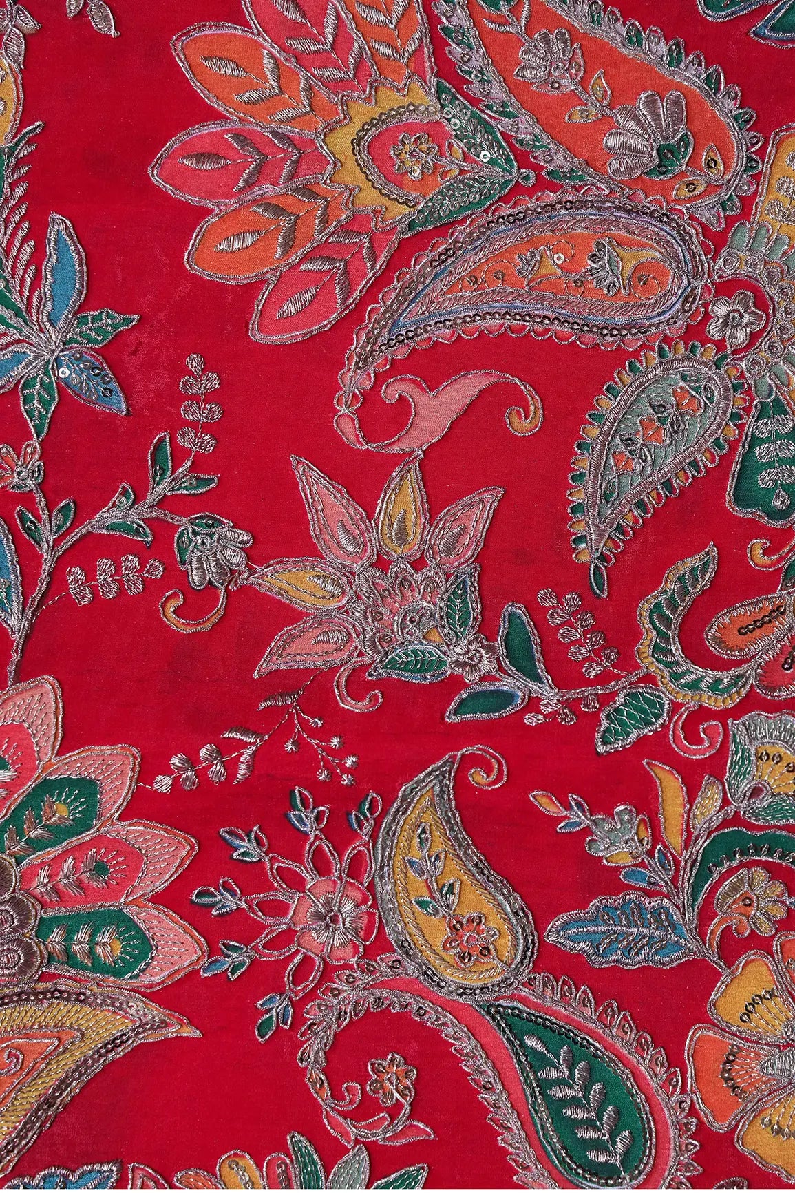 AIzaSyBcstauz-XMPRhEY21AUzeo032pxrXB5Ug - Heavy Gold Zari With Sequins Floral Embroidery On Red Crepe Fabric