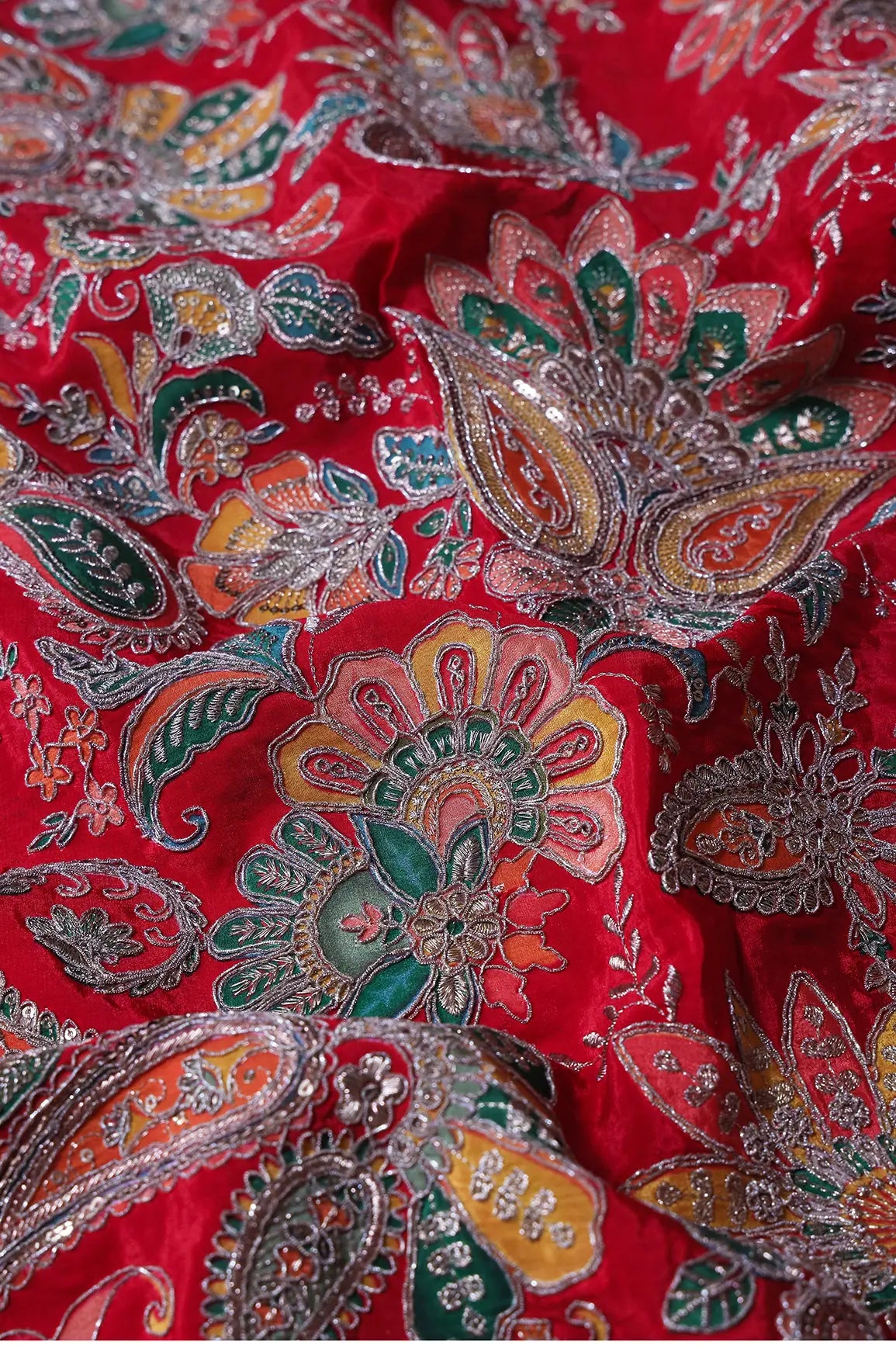 AIzaSyBcstauz-XMPRhEY21AUzeo032pxrXB5Ug - Heavy Gold Zari With Sequins Floral Embroidery On Red Crepe Fabric Unstitched Lehenga Set Fabric (3 Piece)