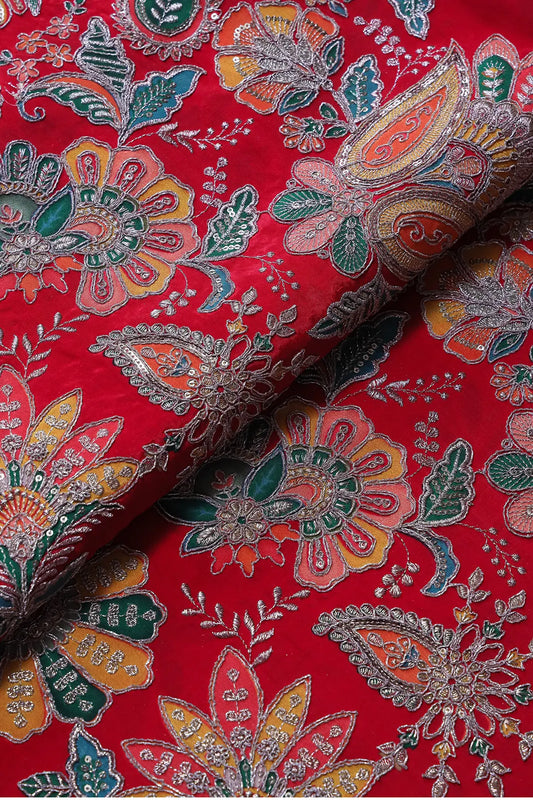 AIzaSyBcstauz-XMPRhEY21AUzeo032pxrXB5Ug - Heavy Gold Zari With Sequins Floral Embroidery On Red Crepe Fabric