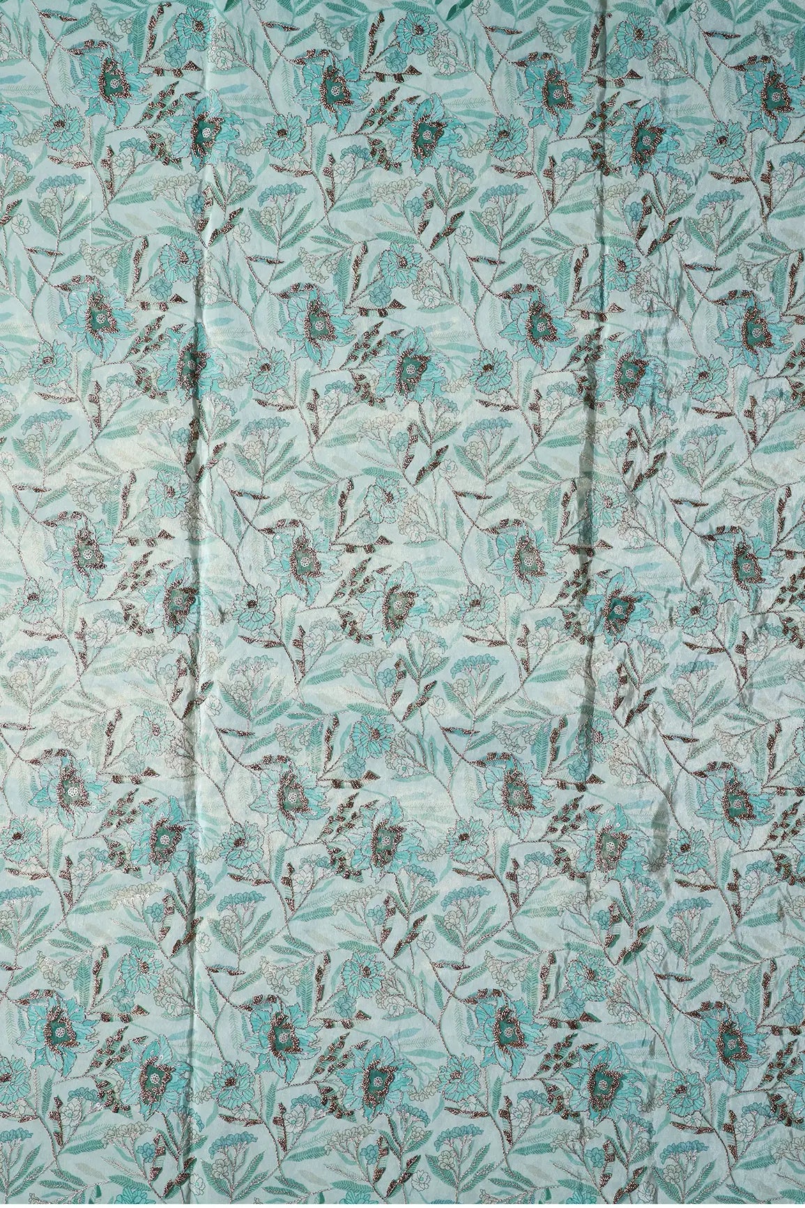 AIzaSyBcstauz-XMPRhEY21AUzeo032pxrXB5Ug - Floral Position Print On Gold Zari With Sequins Embroidery Teal Viscose Zari Tissue Fabric