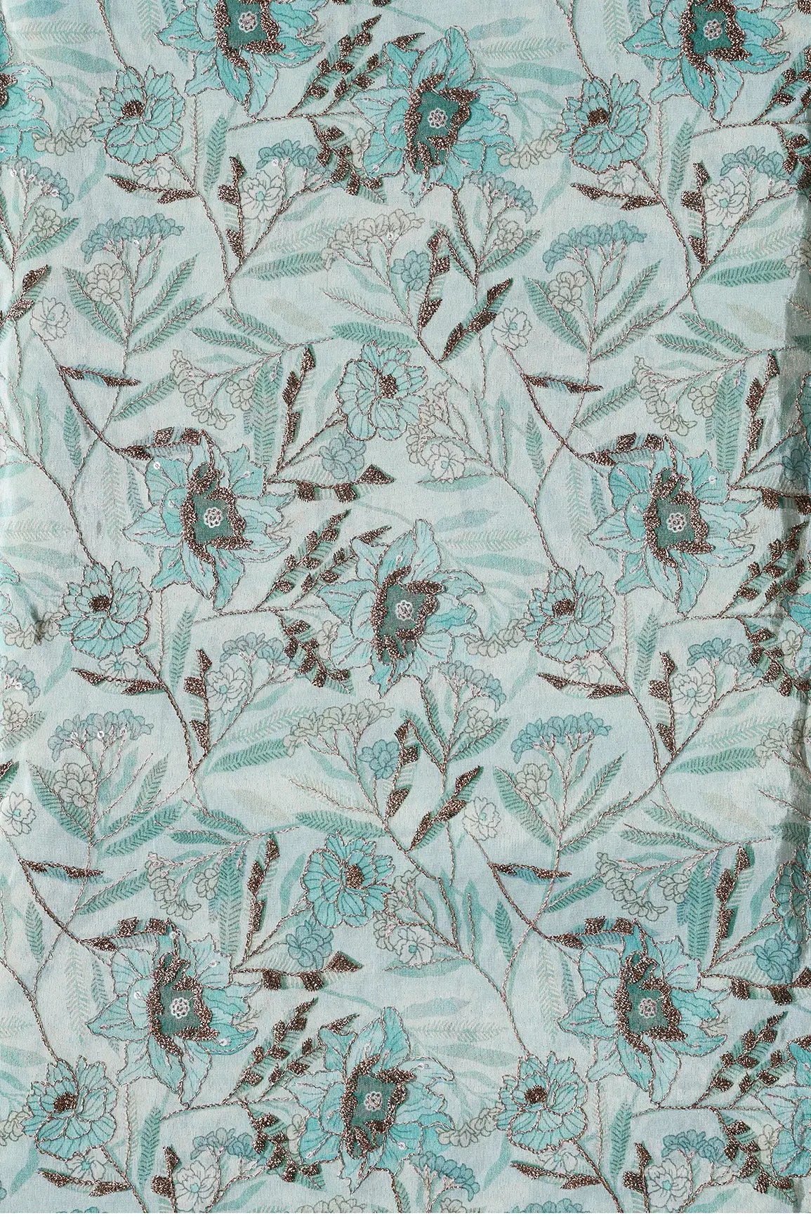 AIzaSyBcstauz-XMPRhEY21AUzeo032pxrXB5Ug - Floral Position Print On Gold Zari With Sequins Embroidery Teal Viscose Zari Tissue Fabric