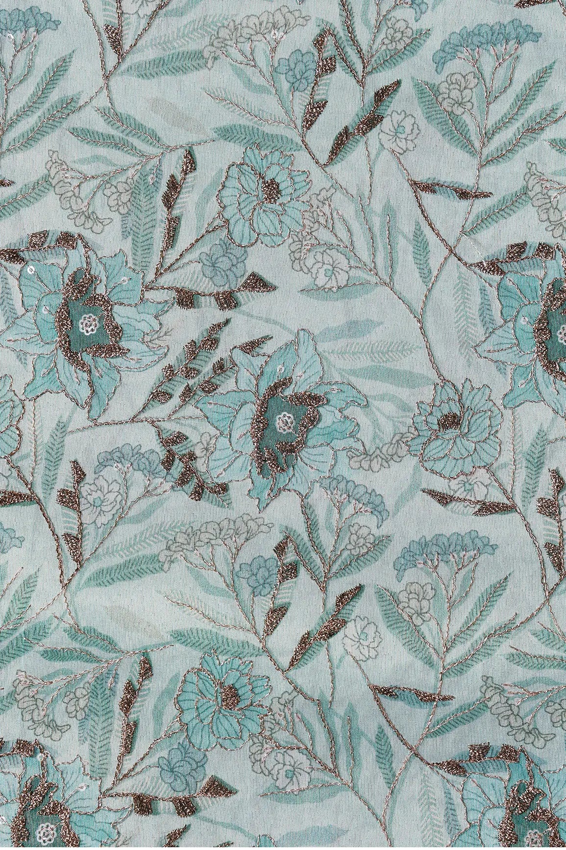 AIzaSyBcstauz-XMPRhEY21AUzeo032pxrXB5Ug - Floral Position Print On Gold Zari With Sequins Embroidery Teal Viscose Zari Tissue Fabric