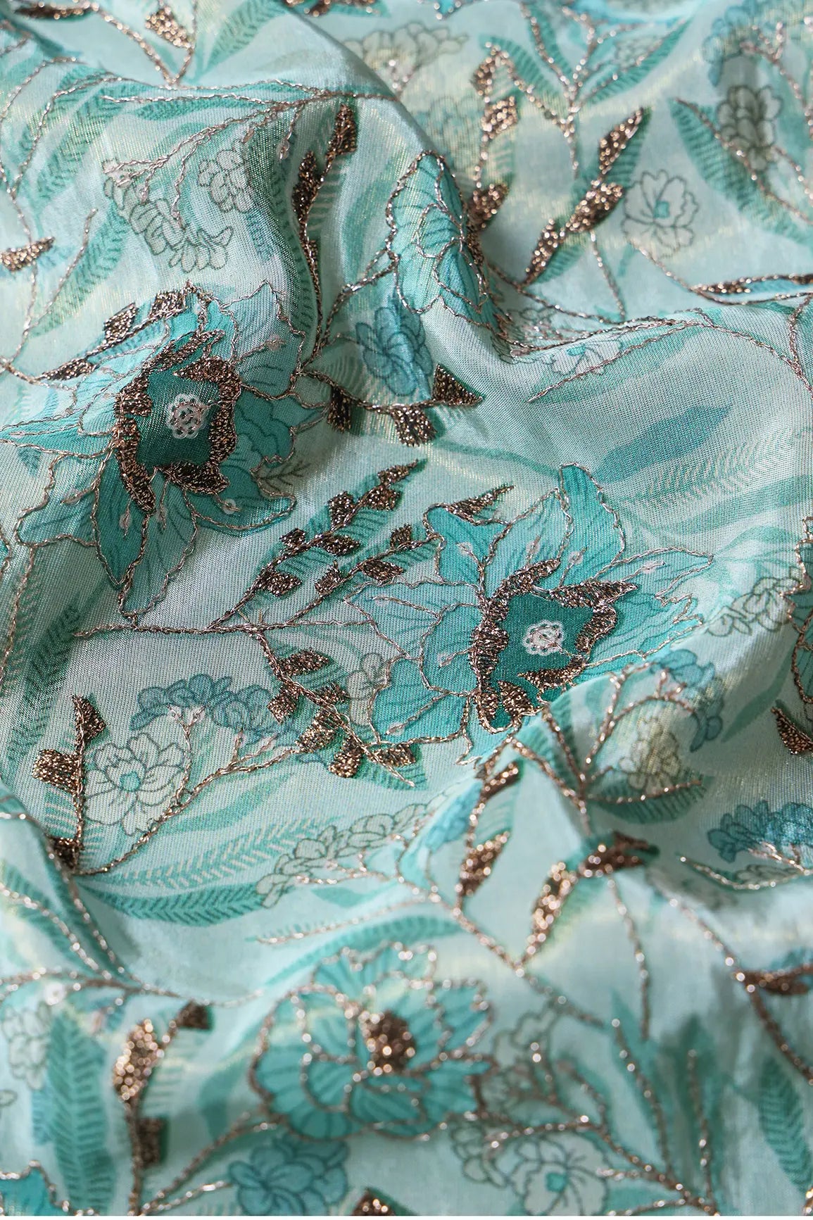 AIzaSyBcstauz-XMPRhEY21AUzeo032pxrXB5Ug - Floral Position Print On Gold Zari With Sequins Embroidery Teal Viscose Zari Tissue Fabric