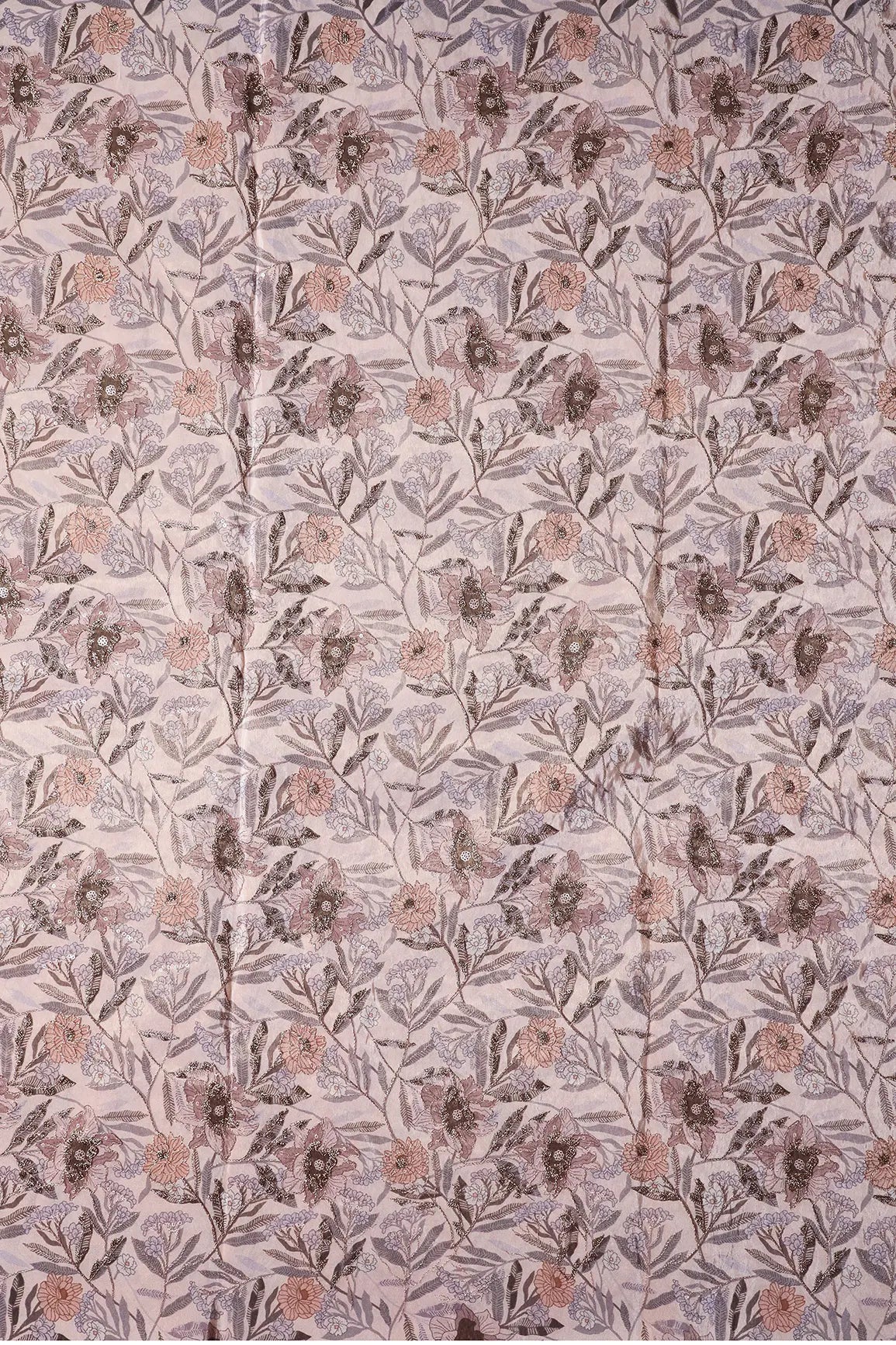 AIzaSyBcstauz-XMPRhEY21AUzeo032pxrXB5Ug - Floral Position Print On Gold Zari With Sequins Embroidery Light Brown Viscose Zari Tissue Fabric