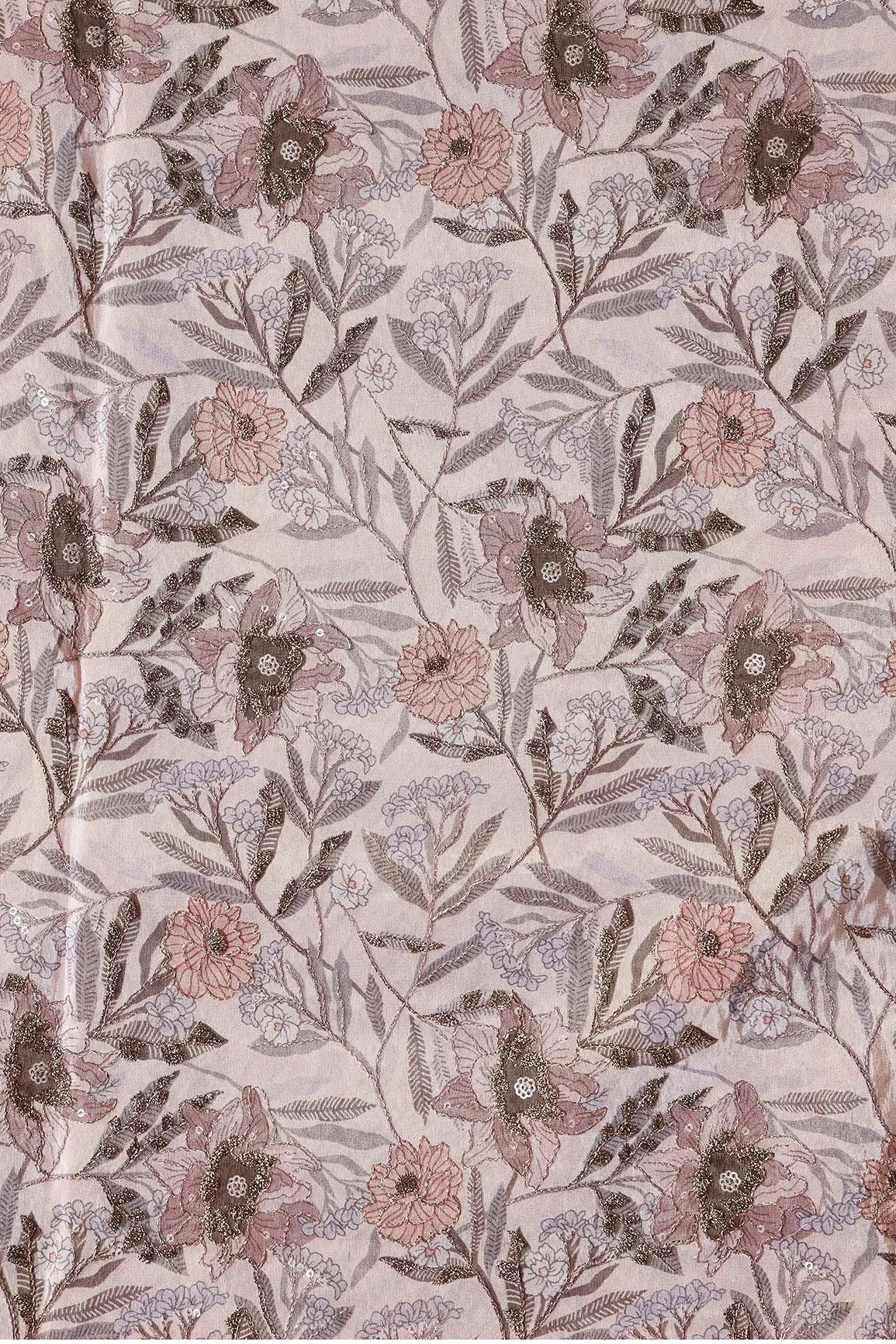 AIzaSyBcstauz-XMPRhEY21AUzeo032pxrXB5Ug - Floral Position Print On Gold Zari With Sequins Embroidery Light Brown Viscose Zari Tissue Fabric