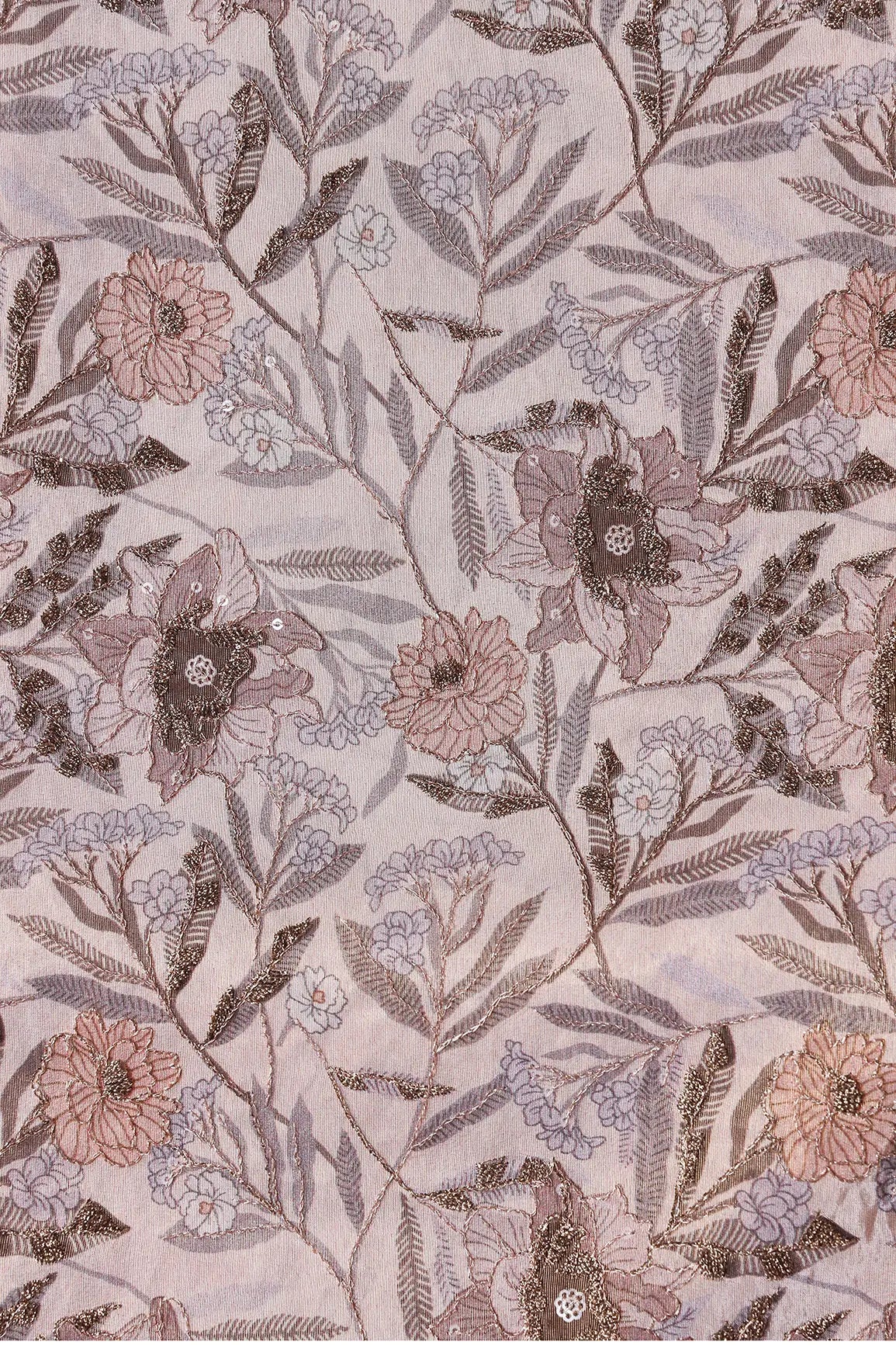 AIzaSyBcstauz-XMPRhEY21AUzeo032pxrXB5Ug - Floral Position Print On Gold Zari With Sequins Embroidery Light Brown Viscose Zari Tissue Fabric