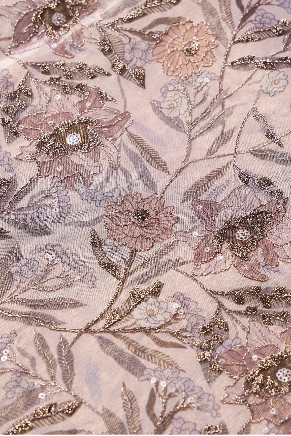 AIzaSyBcstauz-XMPRhEY21AUzeo032pxrXB5Ug - Floral Position Print On Gold Zari With Sequins Embroidery Light Brown Viscose Zari Tissue Fabric