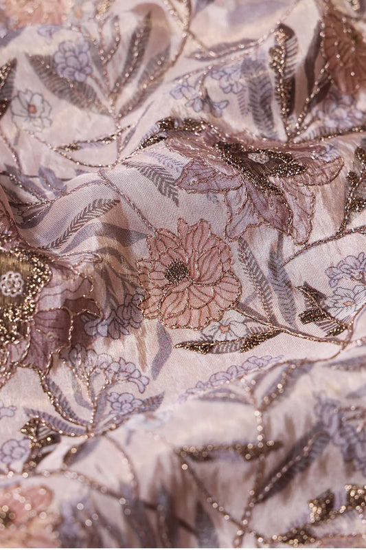 AIzaSyBcstauz-XMPRhEY21AUzeo032pxrXB5Ug - Floral Position Print On Gold Zari With Sequins Embroidery Light Brown Viscose Zari Tissue Fabric