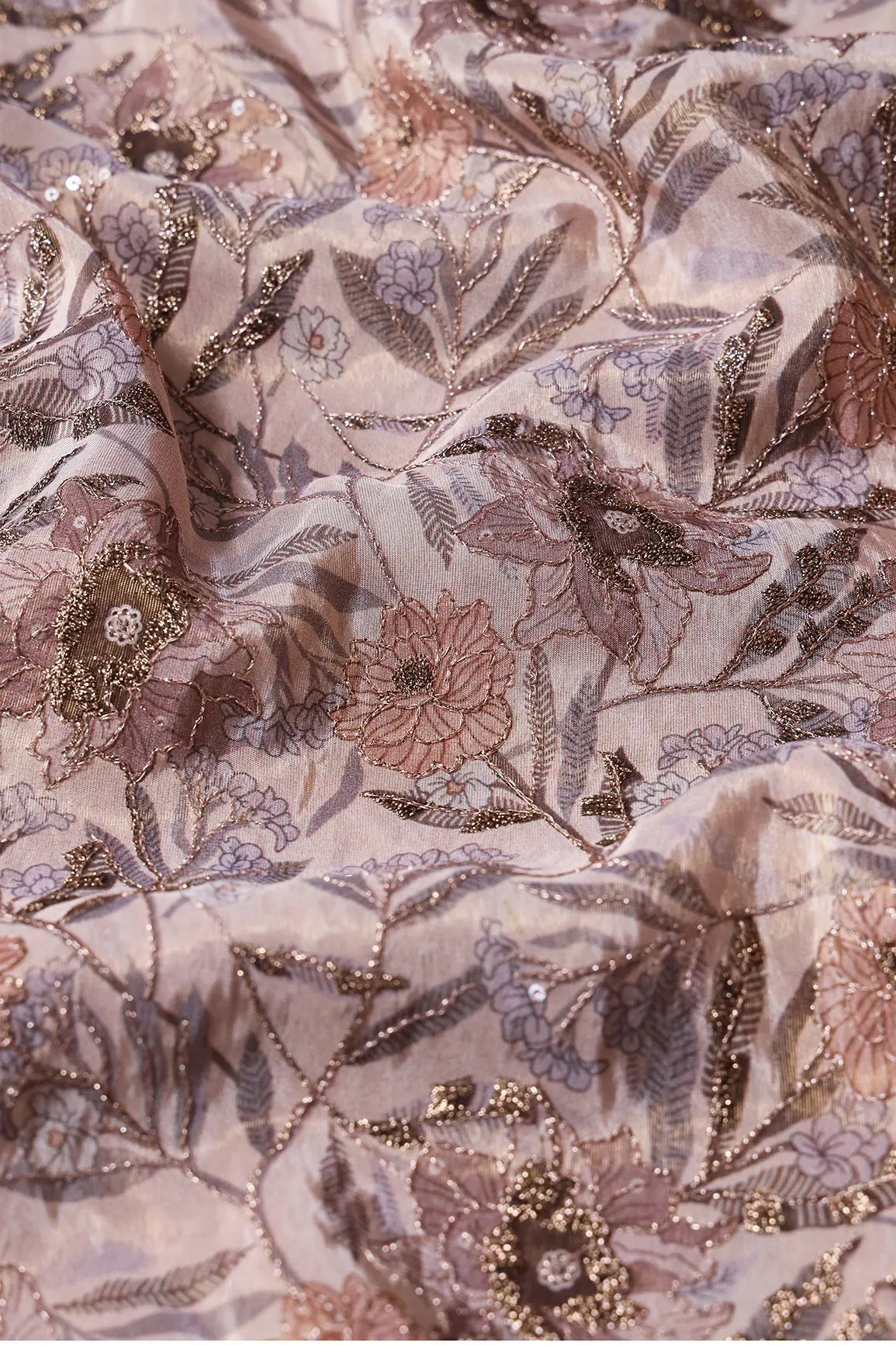 AIzaSyBcstauz-XMPRhEY21AUzeo032pxrXB5Ug - Floral Position Print On Gold Zari With Sequins Embroidery Light Brown Viscose Zari Tissue Fabric