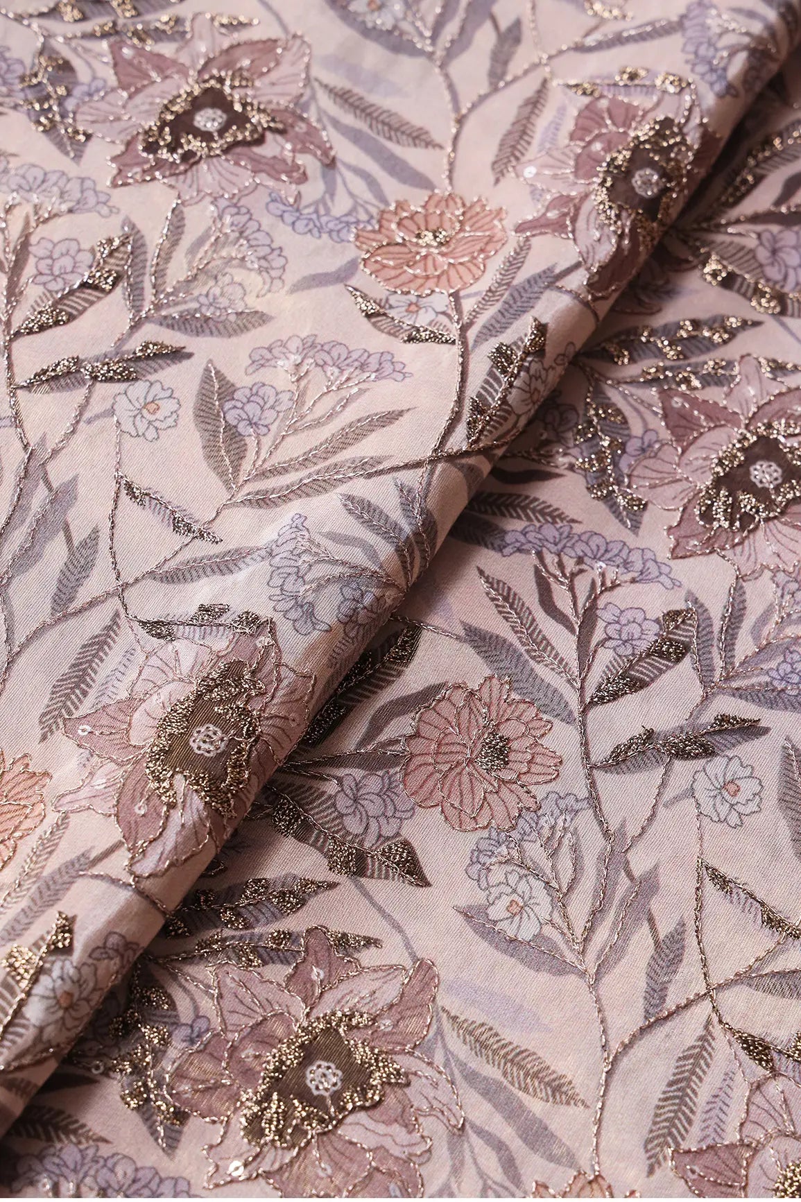 AIzaSyBcstauz-XMPRhEY21AUzeo032pxrXB5Ug - Floral Position Print On Gold Zari With Sequins Embroidery Light Brown Viscose Zari Tissue Fabric