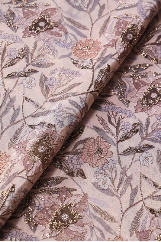 AIzaSyBcstauz-XMPRhEY21AUzeo032pxrXB5Ug - Floral Position Print On Gold Zari With Sequins Embroidery Light Brown Viscose Zari Tissue Fabric