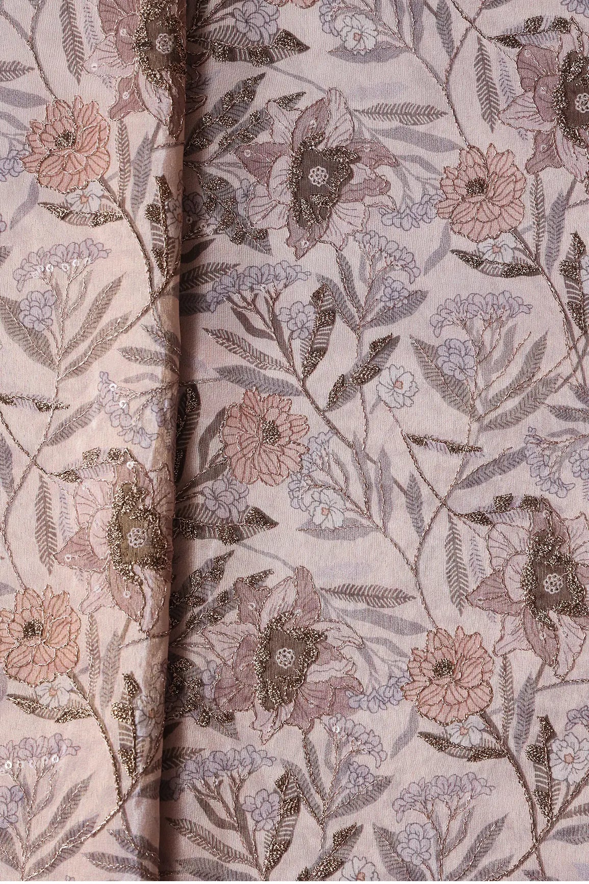 AIzaSyBcstauz-XMPRhEY21AUzeo032pxrXB5Ug - Floral Position Print On Gold Zari With Sequins Embroidery Light Brown Viscose Zari Tissue Fabric