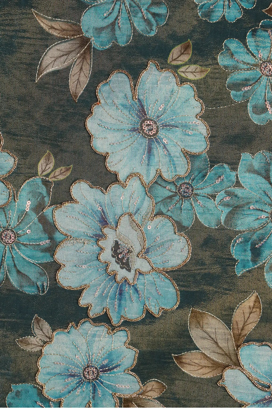 AIzaSyBcstauz-XMPRhEY21AUzeo032pxrXB5Ug - Floral Position Print On Sequins With Zari Embroidery Rama Viscose Zari Tissue Fabric