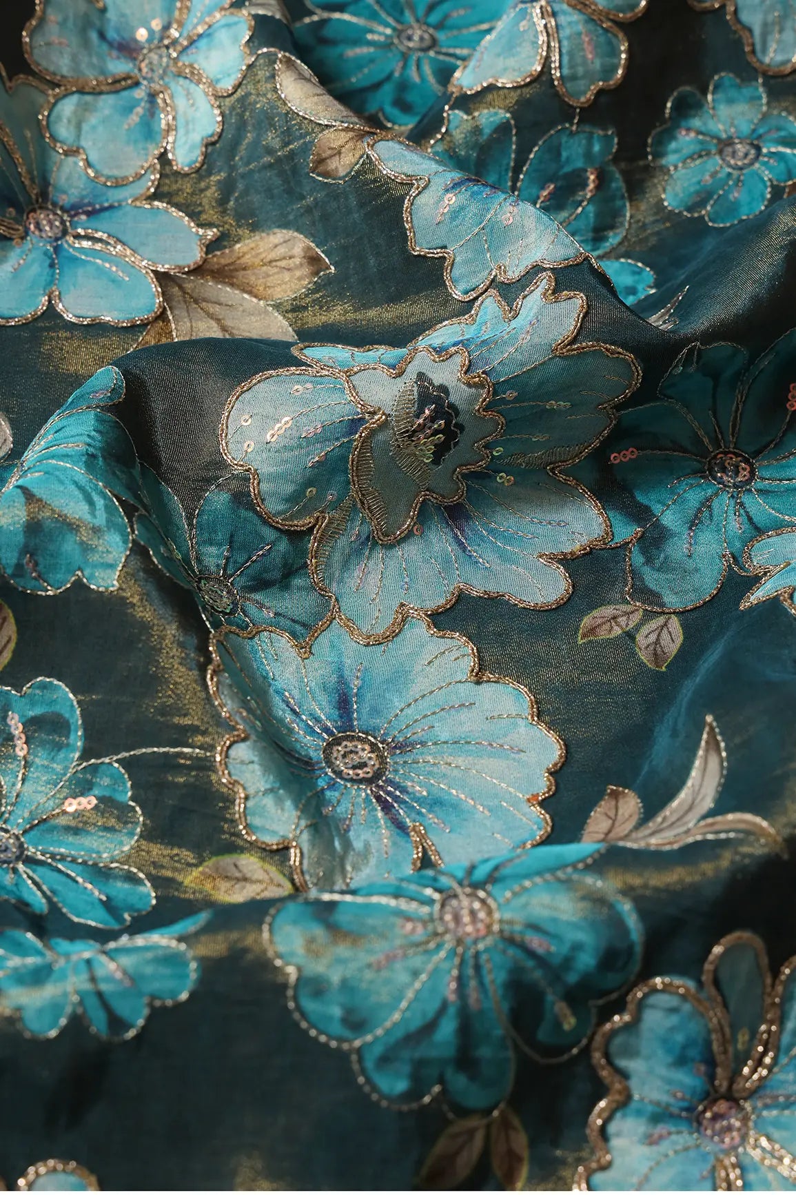 AIzaSyBcstauz-XMPRhEY21AUzeo032pxrXB5Ug - Floral Position Print On Sequins With Zari Embroidery Rama Viscose Zari Tissue Fabric