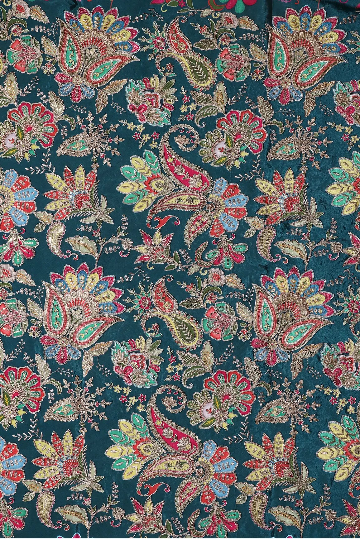 AIzaSyBcstauz-XMPRhEY21AUzeo032pxrXB5Ug - Heavy Gold Zari With Sequins Floral Embroidery On Rama Green Crepe Fabric