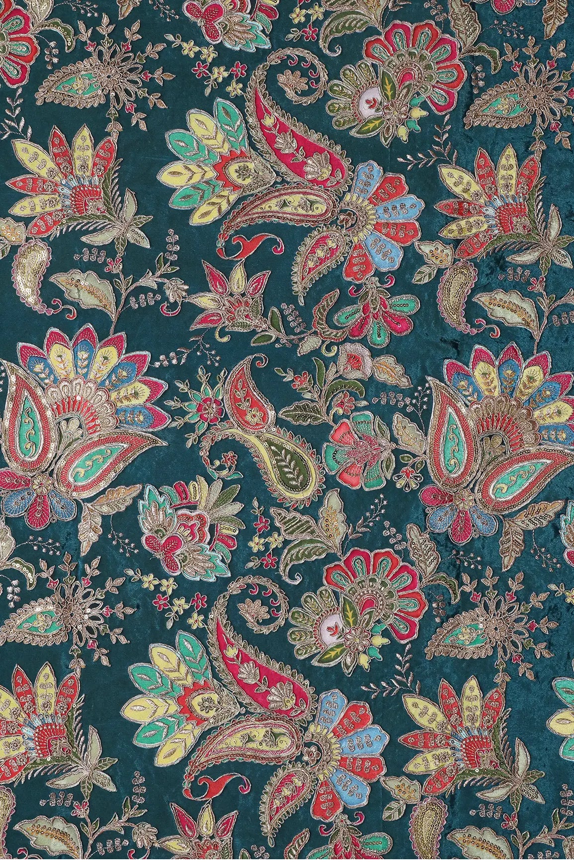 AIzaSyBcstauz-XMPRhEY21AUzeo032pxrXB5Ug - Heavy Gold Zari With Sequins Floral Embroidery On Rama Green Crepe Fabric