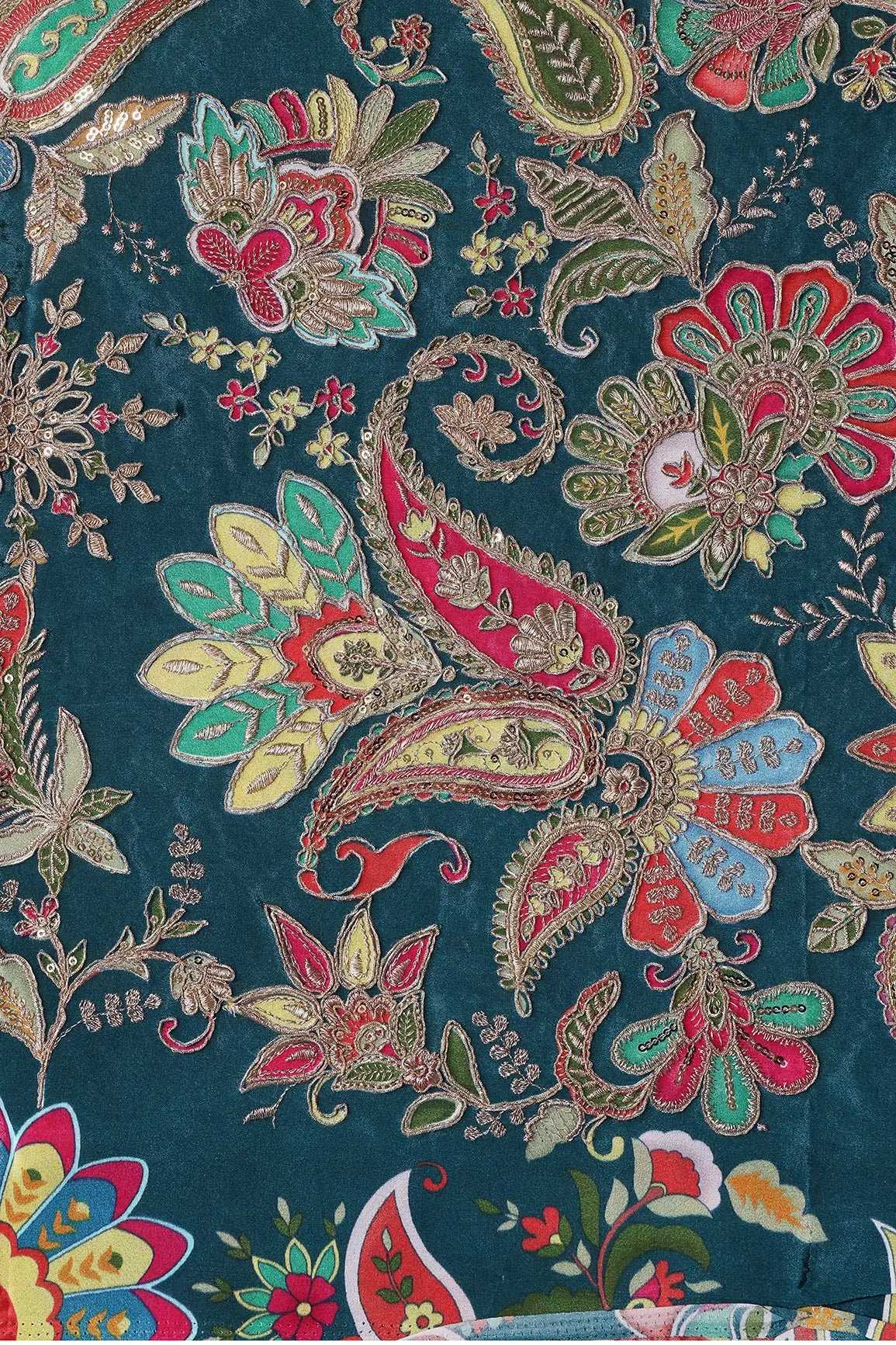 AIzaSyBcstauz-XMPRhEY21AUzeo032pxrXB5Ug - Heavy Gold Zari With Sequins Floral Embroidery On Rama Green Crepe Fabric