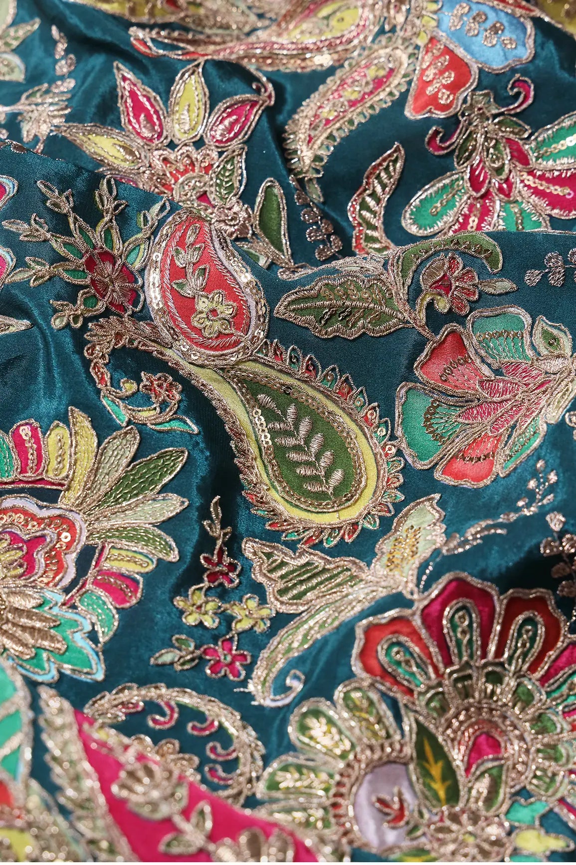 AIzaSyBcstauz-XMPRhEY21AUzeo032pxrXB5Ug - Heavy Gold Zari With Sequins Floral Embroidery On Rama Green Crepe Fabric