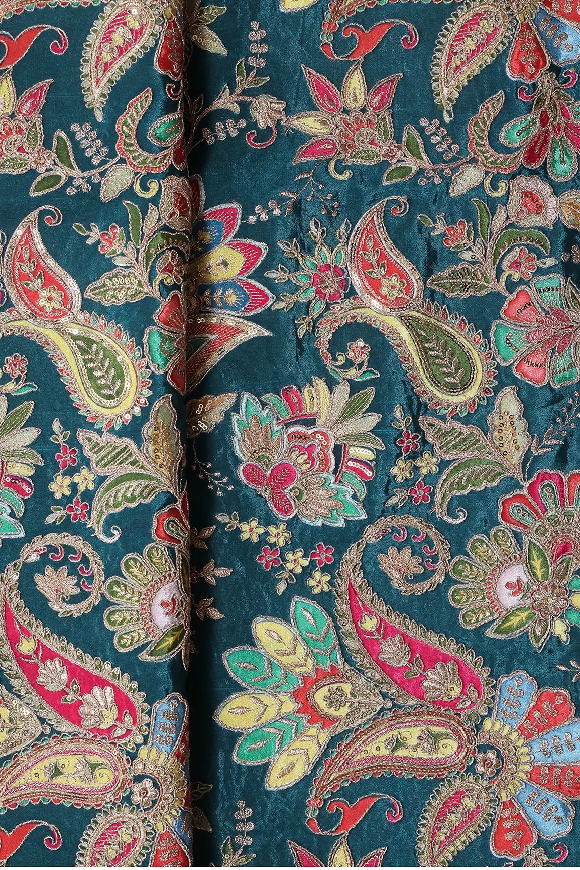 AIzaSyBcstauz-XMPRhEY21AUzeo032pxrXB5Ug - Heavy Gold Zari With Sequins Floral Embroidery On Rama Green Crepe Fabric