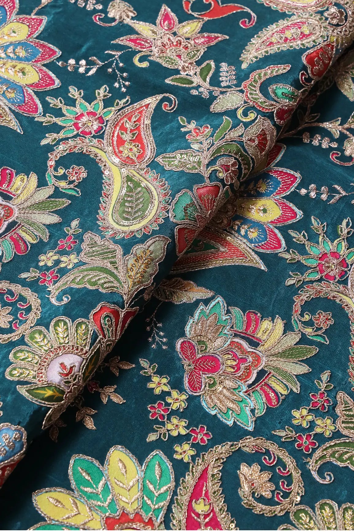 AIzaSyBcstauz-XMPRhEY21AUzeo032pxrXB5Ug - Heavy Gold Zari With Sequins Floral Embroidery On Rama Green Crepe Fabric Unstitched  Lehenga Set Fabric (3 Piece)