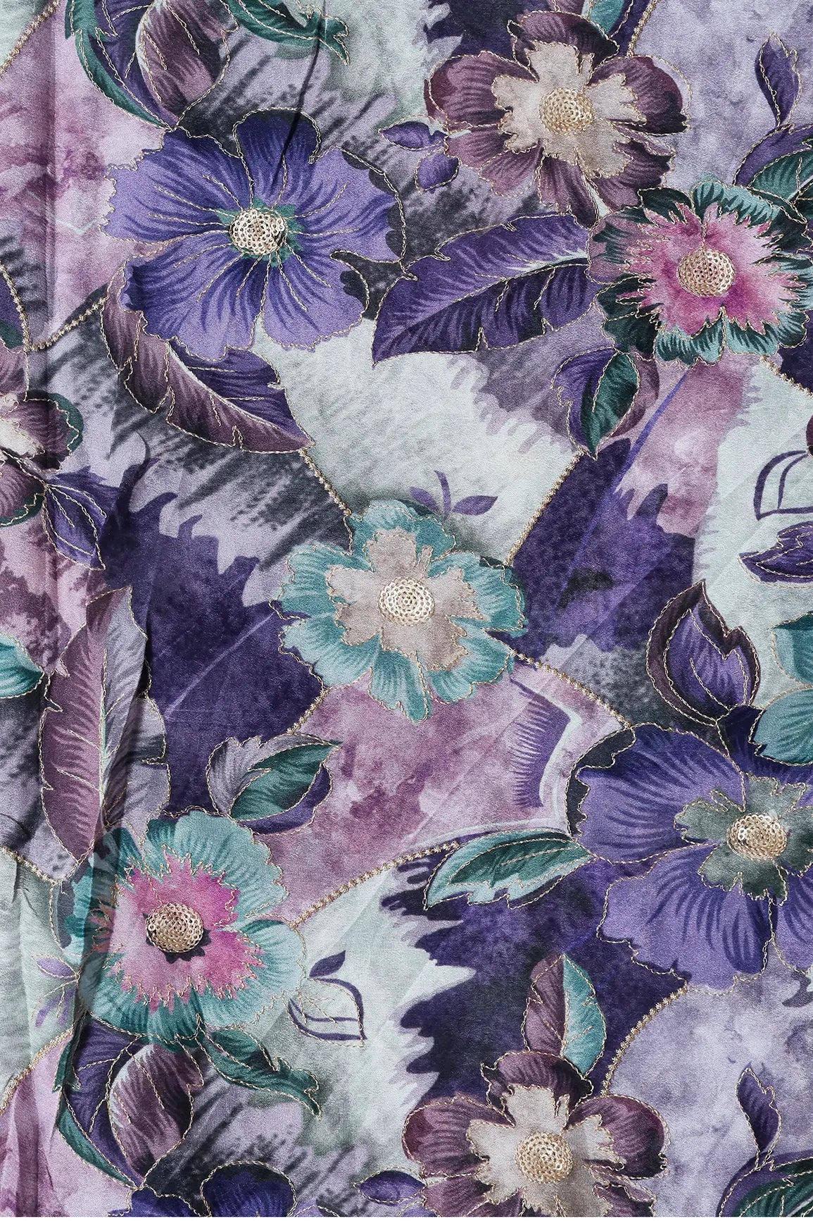 AIzaSyBcstauz-XMPRhEY21AUzeo032pxrXB5Ug - Beautiful Gold Zari With Sequins Floral Embroidery On Chinnon Chiffon Fabric