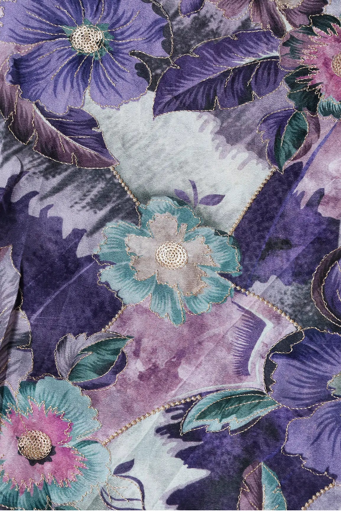 AIzaSyBcstauz-XMPRhEY21AUzeo032pxrXB5Ug - Beautiful Gold Zari With Sequins Floral Embroidery On Chinnon Chiffon Fabric