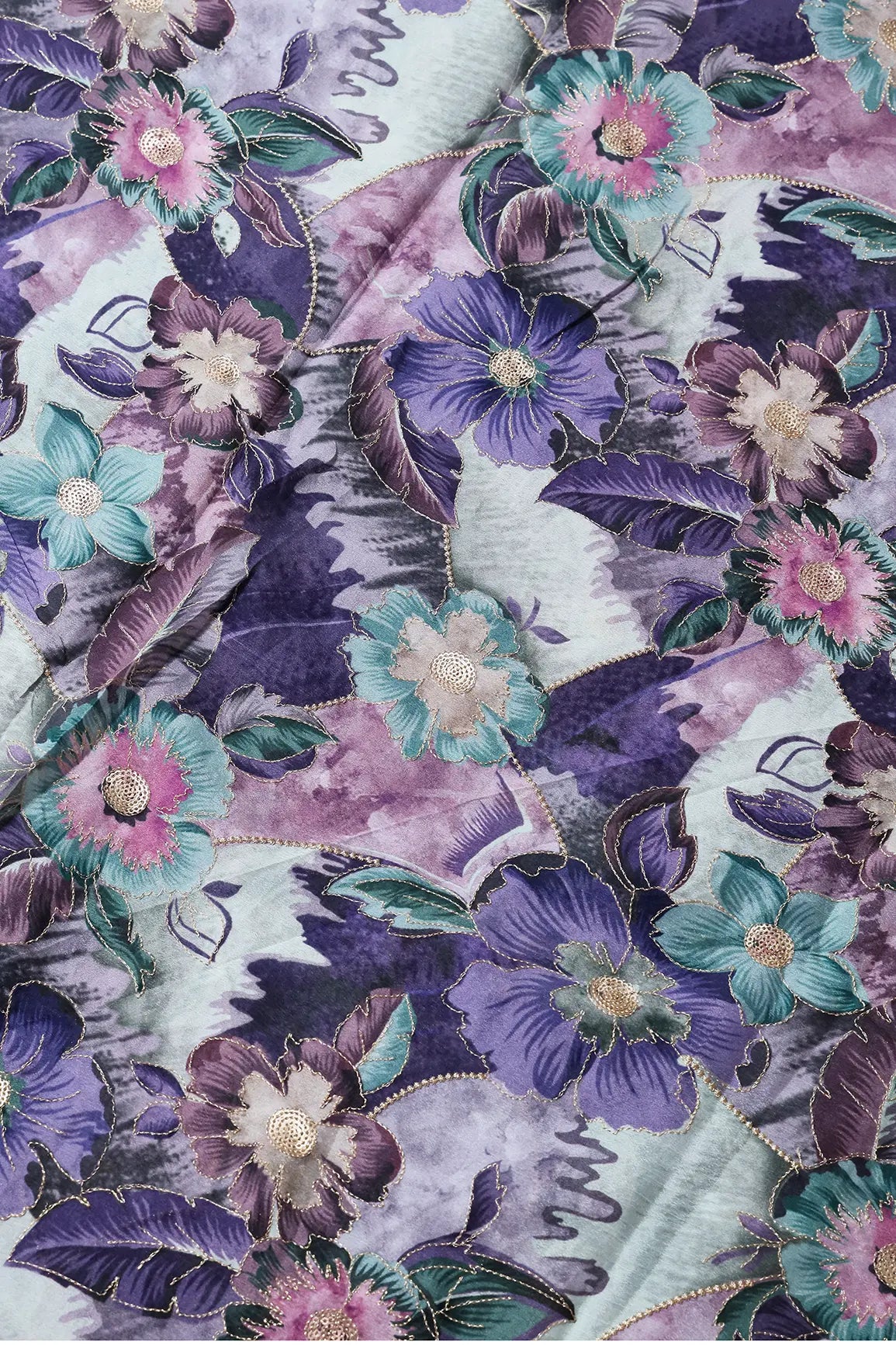 AIzaSyBcstauz-XMPRhEY21AUzeo032pxrXB5Ug - Beautiful Gold Zari With Sequins Floral Embroidery On Chinnon Chiffon Fabric