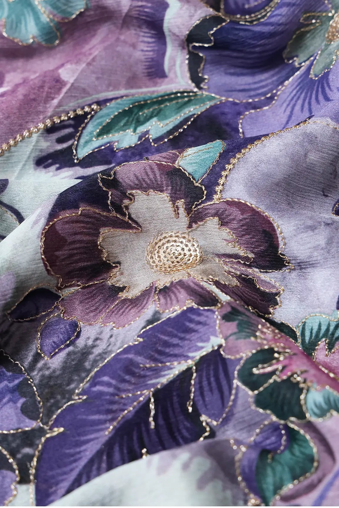 AIzaSyBcstauz-XMPRhEY21AUzeo032pxrXB5Ug - Beautiful Gold Zari With Sequins Floral Embroidery On Chinnon Chiffon Fabric