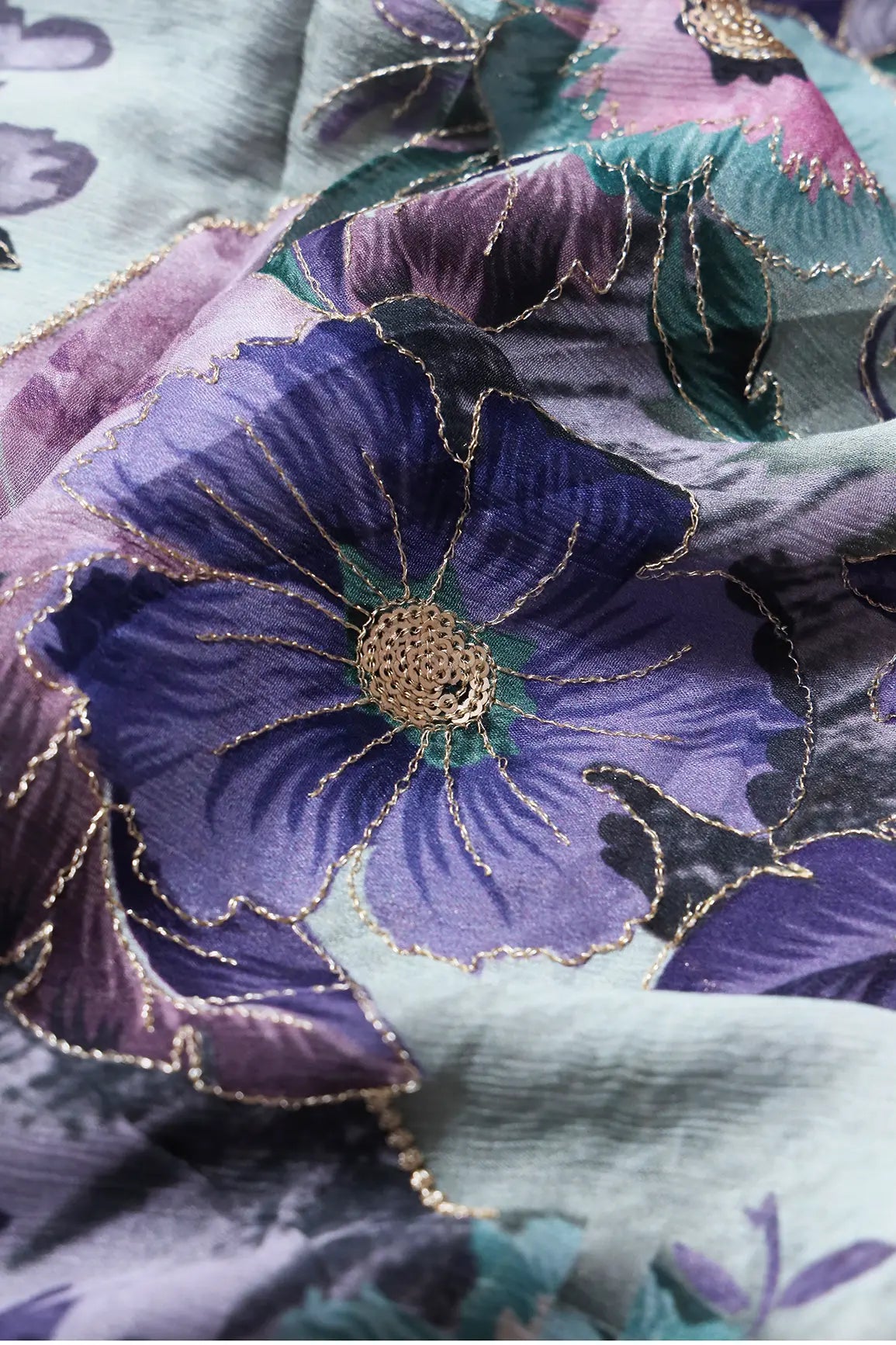 AIzaSyBcstauz-XMPRhEY21AUzeo032pxrXB5Ug - Beautiful Gold Zari With Sequins Floral Embroidery On Chinnon Chiffon Fabric