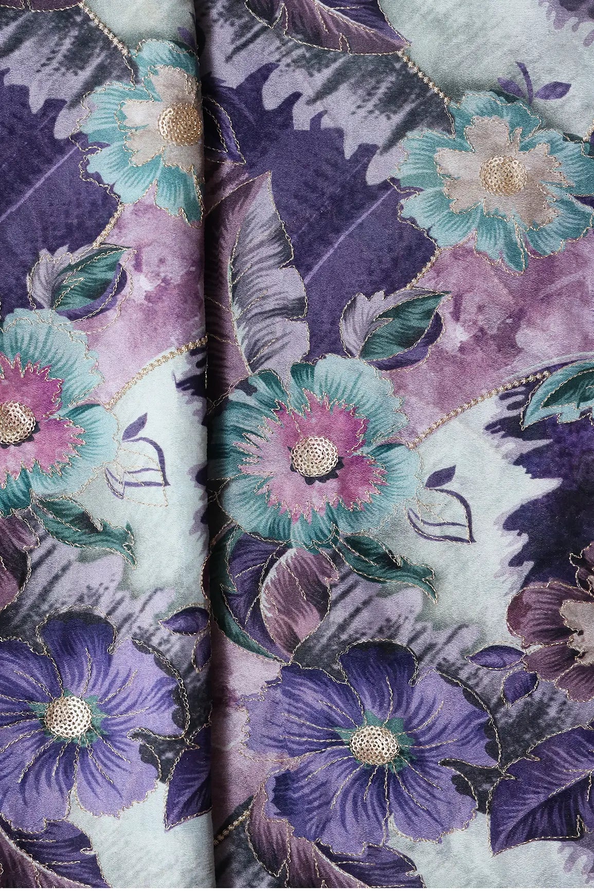 AIzaSyBcstauz-XMPRhEY21AUzeo032pxrXB5Ug - Beautiful Gold Zari With Sequins Floral Embroidery On Chinnon Chiffon Fabric