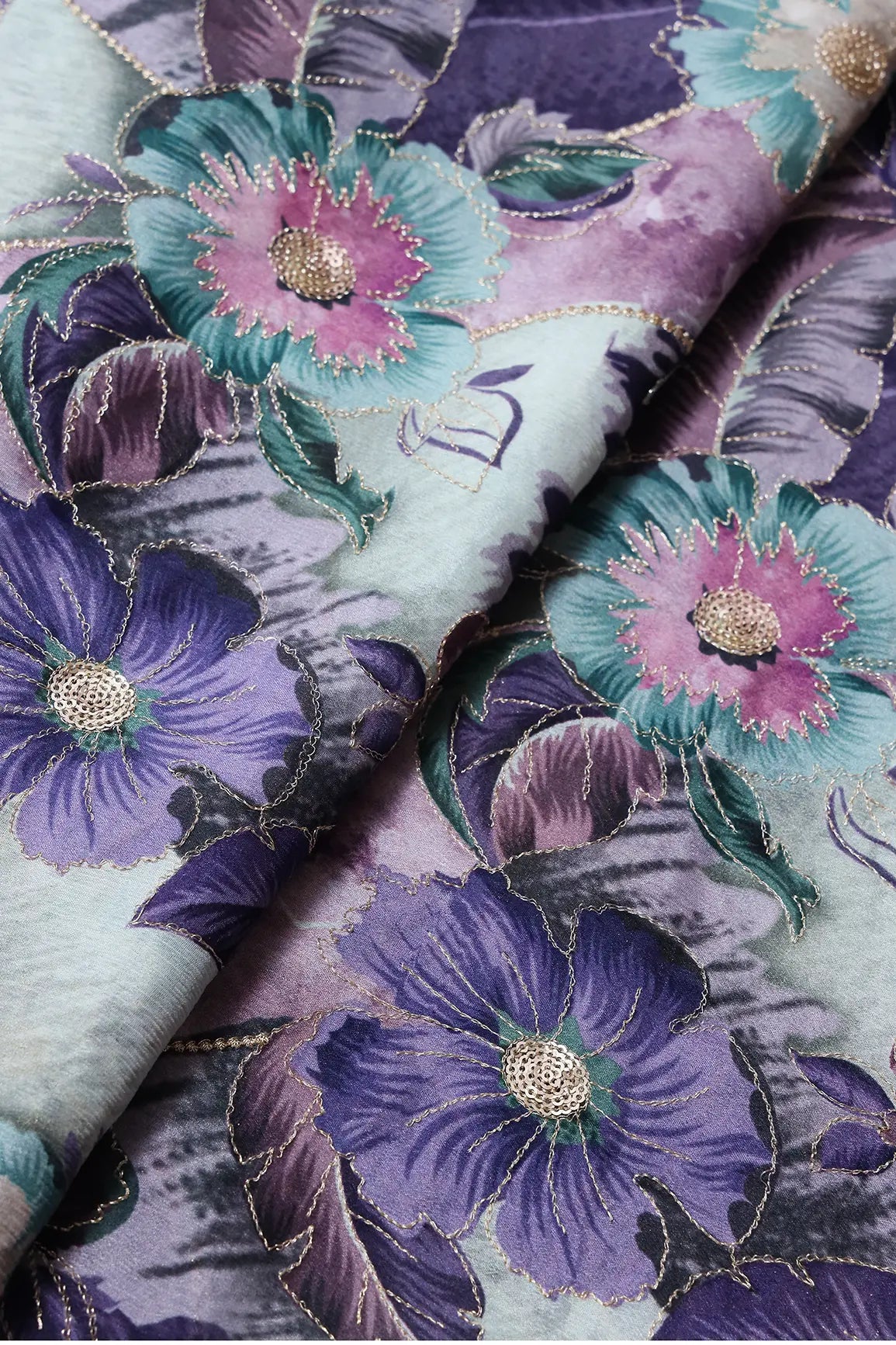 AIzaSyBcstauz-XMPRhEY21AUzeo032pxrXB5Ug - Beautiful Gold Zari With Sequins Floral Embroidery On Chinnon Chiffon Fabric