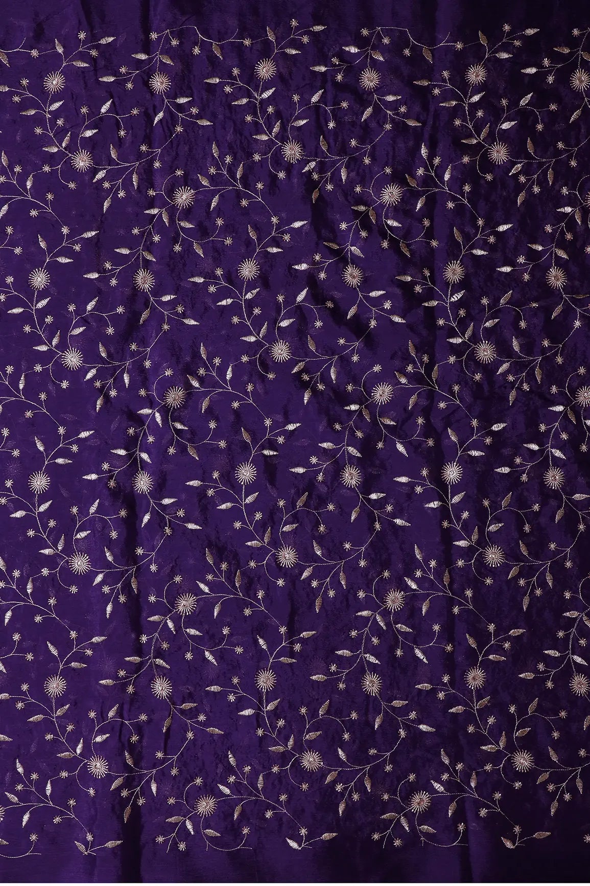 AIzaSyBcstauz-XMPRhEY21AUzeo032pxrXB5Ug - Gold Beads With Gold Zari Floral Embroidery On Purple Chinnon Chiffon Fabric