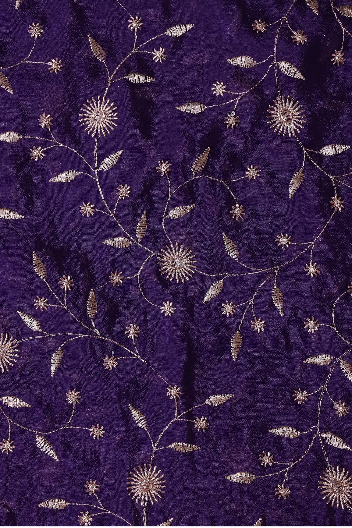 AIzaSyBcstauz-XMPRhEY21AUzeo032pxrXB5Ug - Gold Beads With Gold Zari Floral Embroidery On Purple Chinnon Chiffon Fabric