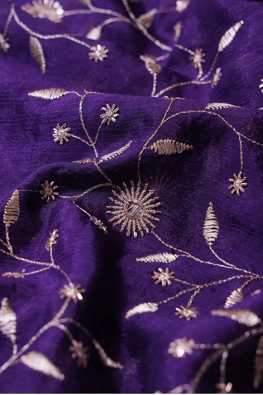 AIzaSyBcstauz-XMPRhEY21AUzeo032pxrXB5Ug - Gold Beads With Gold Zari Floral Embroidery On Purple Chinnon Chiffon Fabric