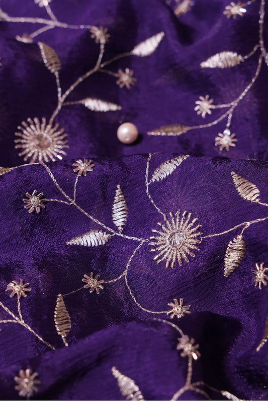 AIzaSyBcstauz-XMPRhEY21AUzeo032pxrXB5Ug - Gold Beads With Gold Zari Floral Embroidery On Purple Chinnon Chiffon Fabric