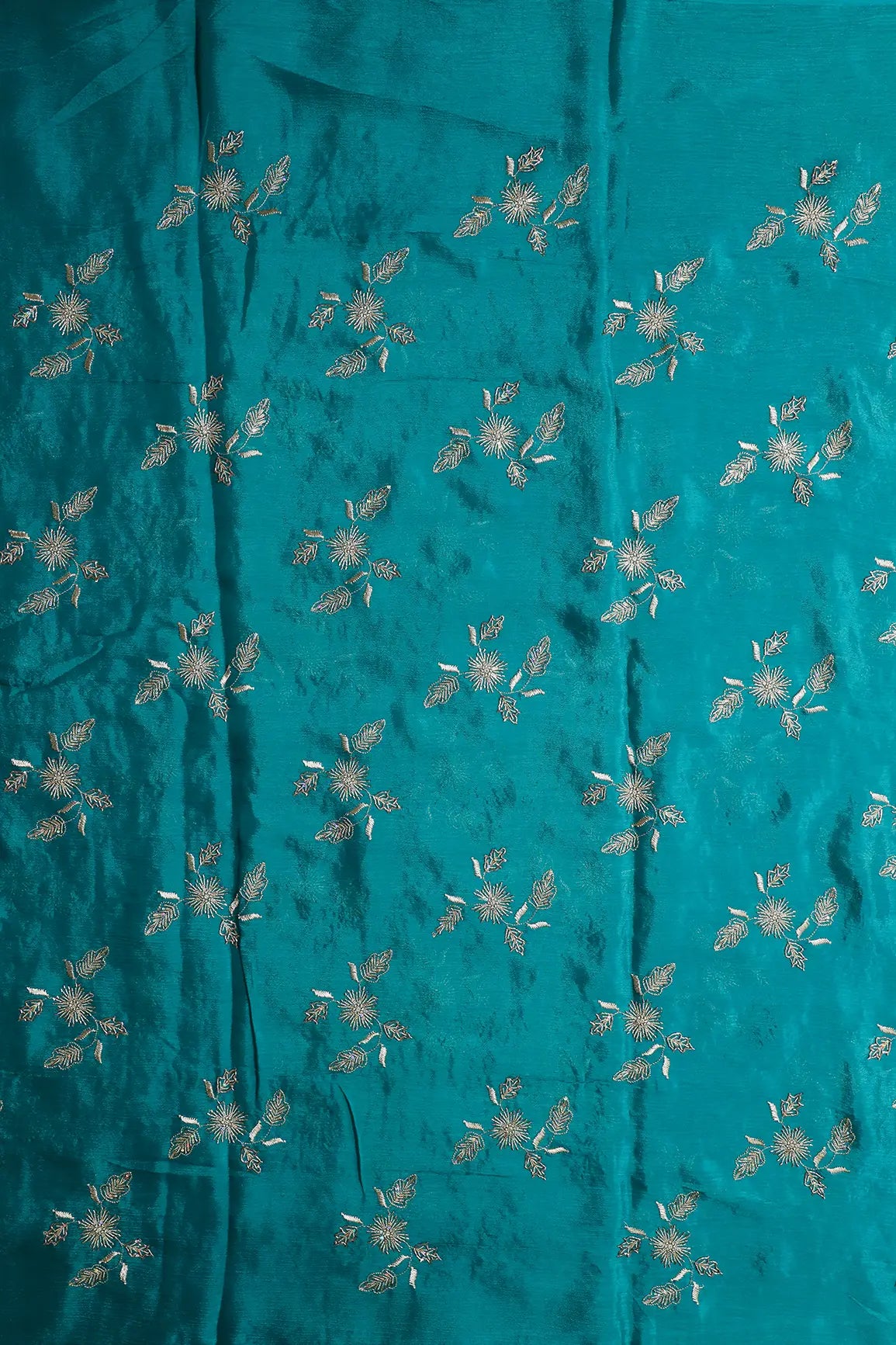 AIzaSyBcstauz-XMPRhEY21AUzeo032pxrXB5Ug - Gold Sequins With Beads And Gold Zari Floral Butta Embroidery On Rama Chinnon Chiffon Fabric