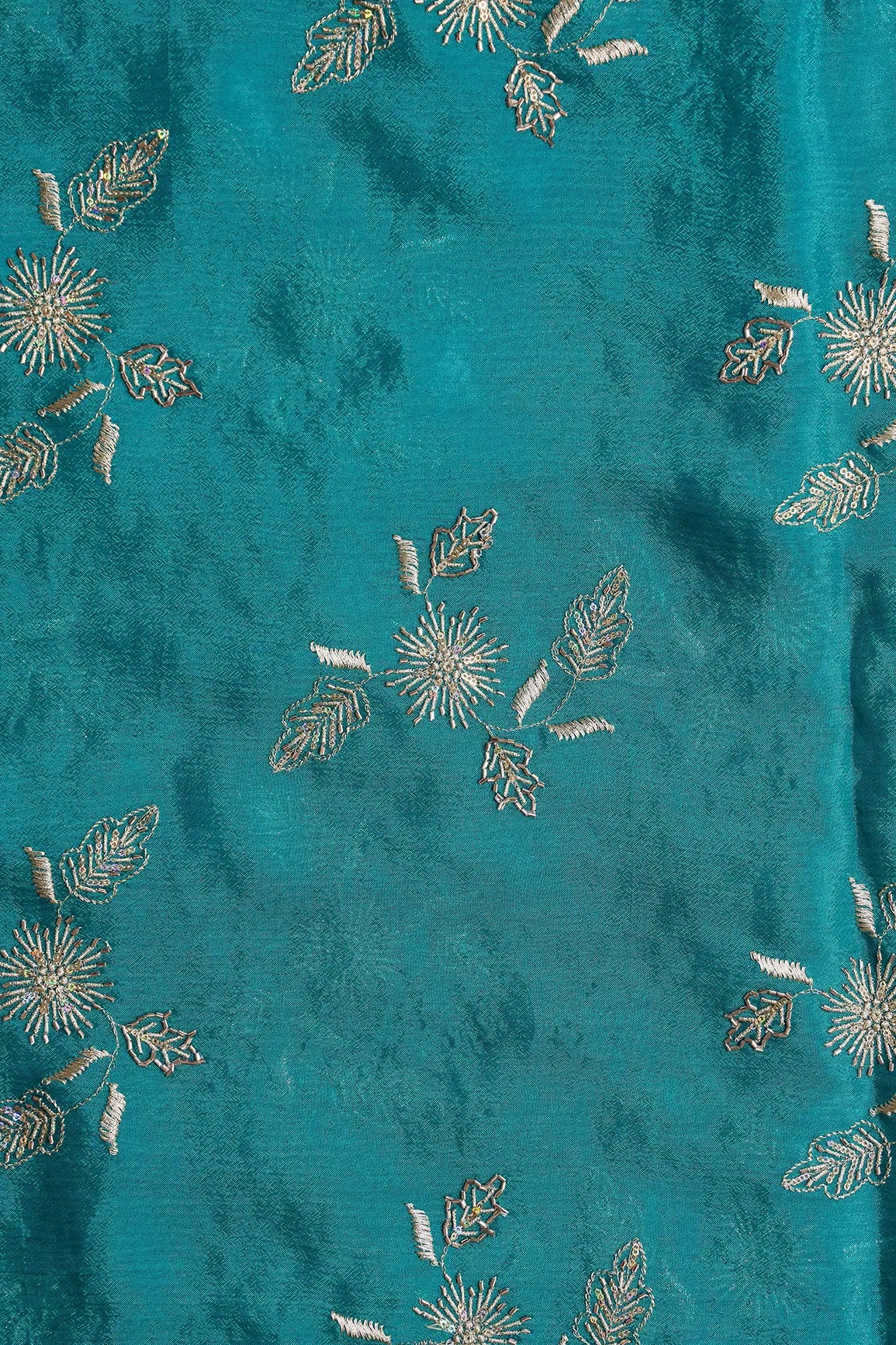 AIzaSyBcstauz-XMPRhEY21AUzeo032pxrXB5Ug - Gold Sequins With Beads And Gold Zari Floral Butta Embroidery On Rama Chinnon Chiffon Fabric