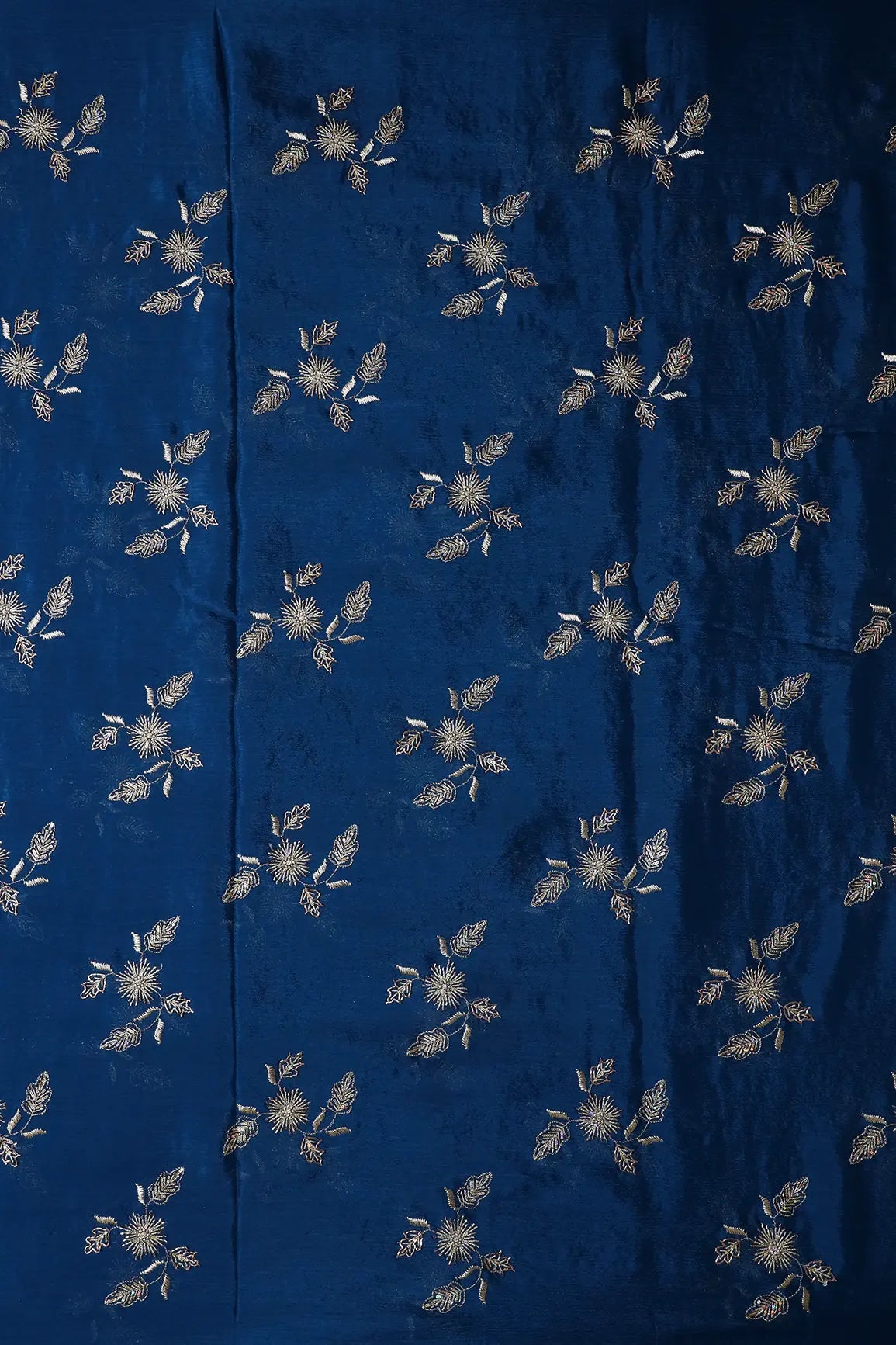 AIzaSyBcstauz-XMPRhEY21AUzeo032pxrXB5Ug - Gold Sequins With Beads And Gold Zari Floral Butta Embroidery On Prussian Blue Chinnon Chiffon Fabric