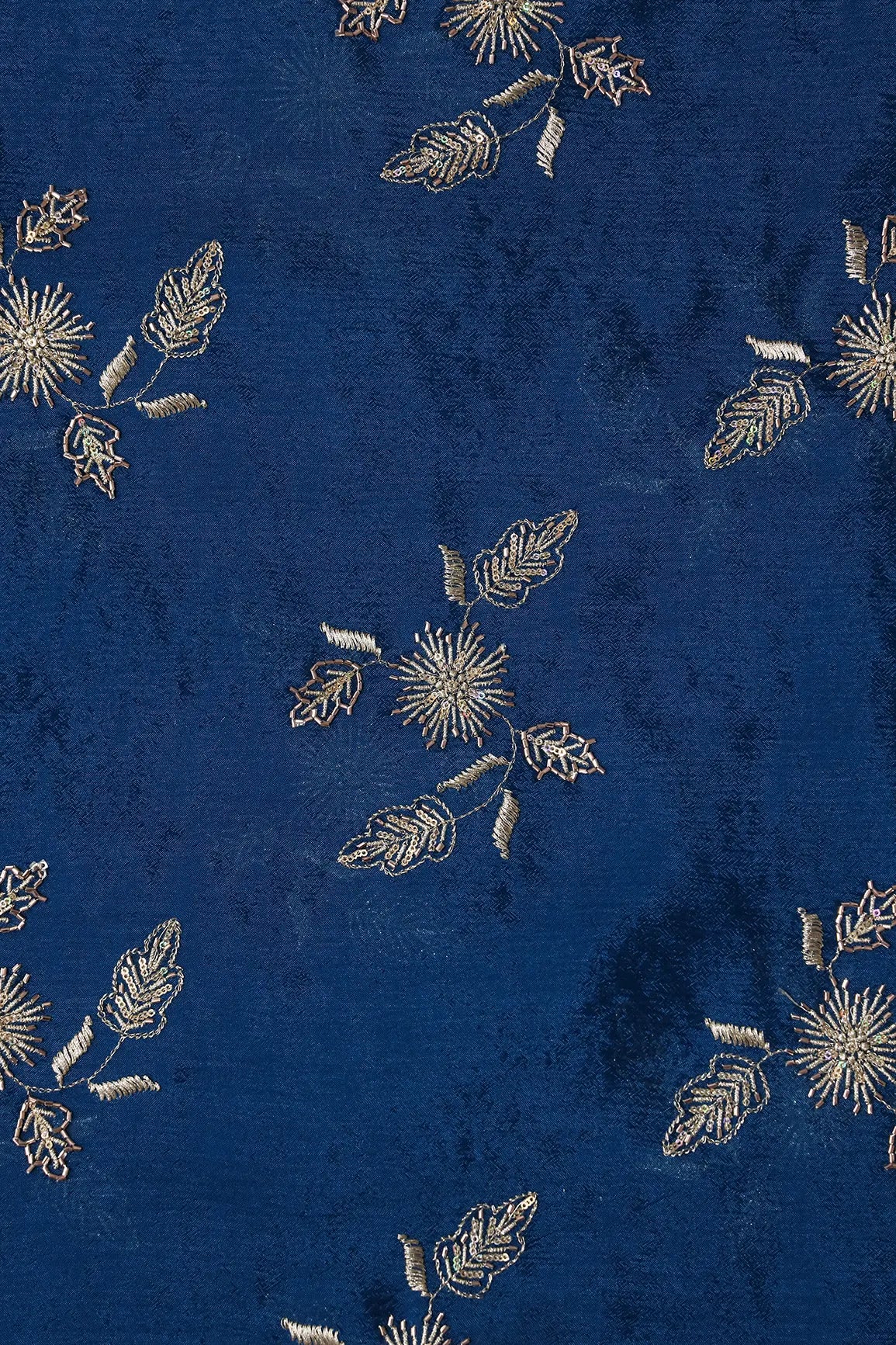 AIzaSyBcstauz-XMPRhEY21AUzeo032pxrXB5Ug - Gold Sequins With Beads And Gold Zari Floral Butta Embroidery On Prussian Blue Chinnon Chiffon Fabric